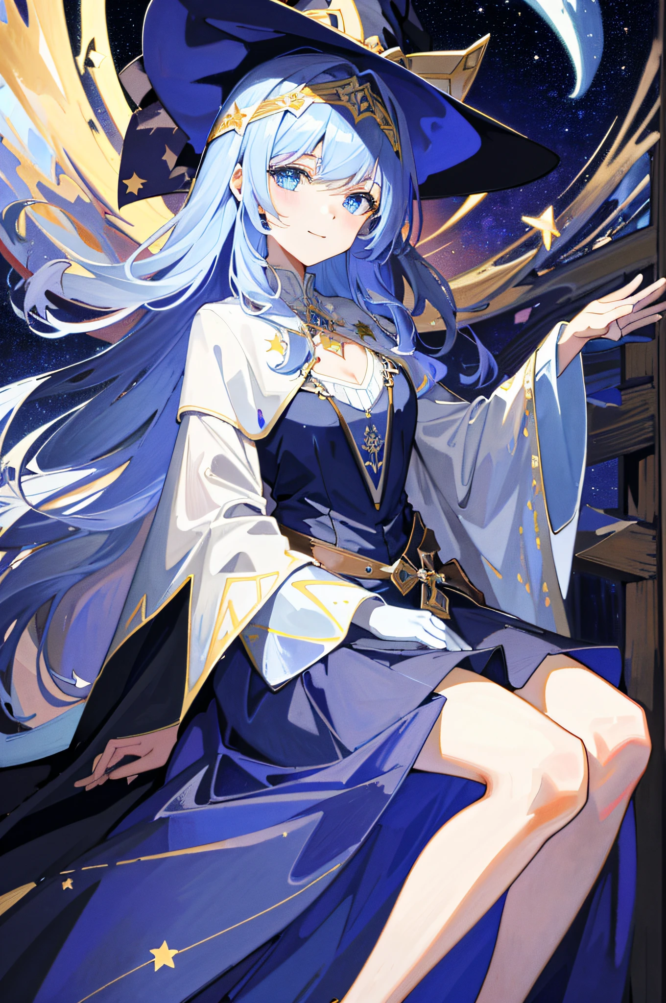 ((masterpiece:1.2, best quality)), 1girl, solo, (witch hat), blonde, long hair, skirt, aurora, night, stars (sky), gloves, sky, white skirt, night sky, mouth open, starry sky, blue Eyes, Ribbons, Long Hair, Red Dress, Smile, Headband, Cape, Blue Hair, (Bird), Magic, Spellcasting, Dark Clouds, Night, (Impressionism: 1.4), (Tarot: 1.3), Alphonse Mucha,