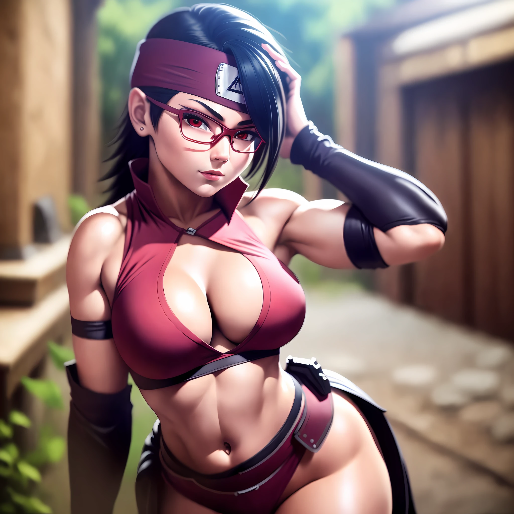 (masterpiece, high resolution, photo-realistic:1.3), Sarada Uchiha at 18 years old, enjoying herself at home, (enticing atmosphere:1.2), wearing only a skimpy thong, showcasing her beautifully large and shapely buttocks, (tiny top:1.1), barely covering her ample bosom, (Leaf Village ninja headband:1.2), proudly displayed, (Sharingan-infused eyes:1.2), red hue of the Sharingan reflecting her heightened perception, (desire to capture the perfect shot:1.1), turning to glance back, capturing the result in a photo, (flawless lighting:1.2), accentuating her features, radiant glow, playful expression, captivating gaze, alluring ambience, a moment of self-confidence and allure, highlighting Sarada's growth and confidence as a young ninja. With the use of depth of field (DOF), super-resolution, and high megapixel rendering, every element comes to life with cinematic lightning and anti-aliasing techniques like FKAA, TXAA, and RTX. The addition of SSAO (Screen Space Ambient Occlusion) and various post-processing effects in both post-production and tone mapping elevate the visual quality to a whole new level. With the use of depth of field (DOF), super-resolution, and high megapixel rendering, every element comes to life with cinematic lightning and anti-aliasing techniques like FKAA, TXAA, and RTX. The addition of SSAO (Screen Space Ambient Occlusion) and various post-processing effects in both post-production and tone mapping elevate the visual quality to a whole new level.