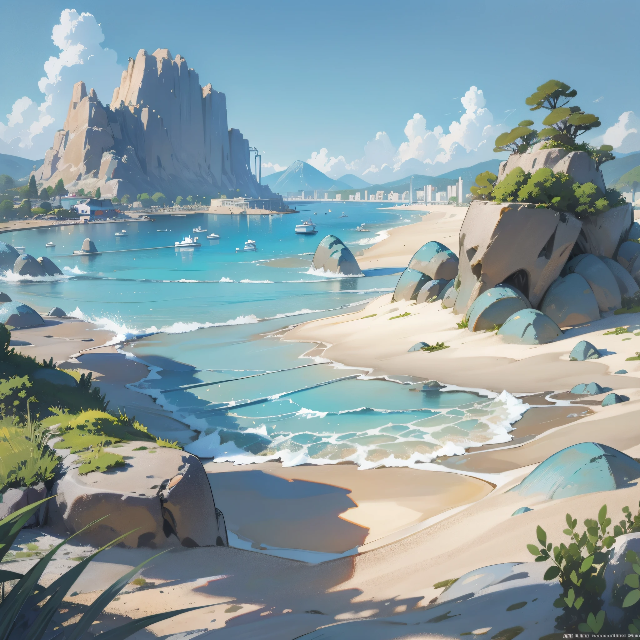 terraces, beach, clear water, bubbling, ray tracing, sand, reef, faint mountains in the distance, comics, 3d rendering, cartoon, cute style, sunny, outdoor, detailed, 4K, HD, high quality