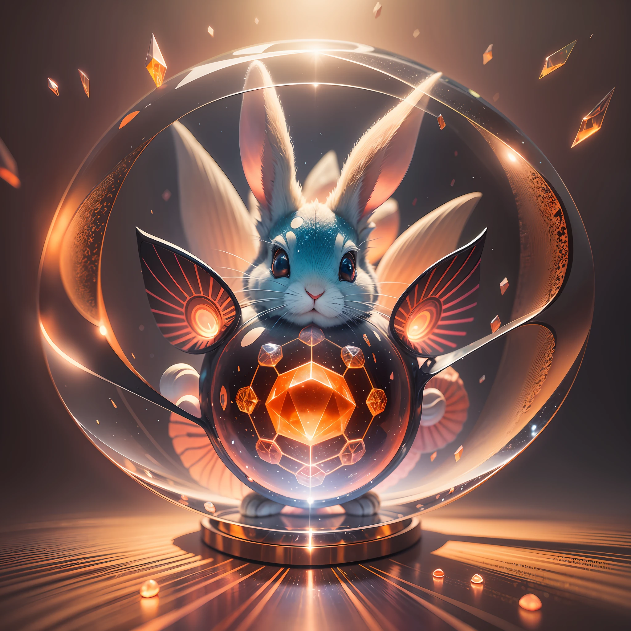 A big-eyed rabbit made of peach-colored glass, surrounded by platonic solids made of opalescent glass, illuminated by a reflector from behind. Swirl of background colors. Surrealist concept. Realistic ray tracing. --auto --s2
