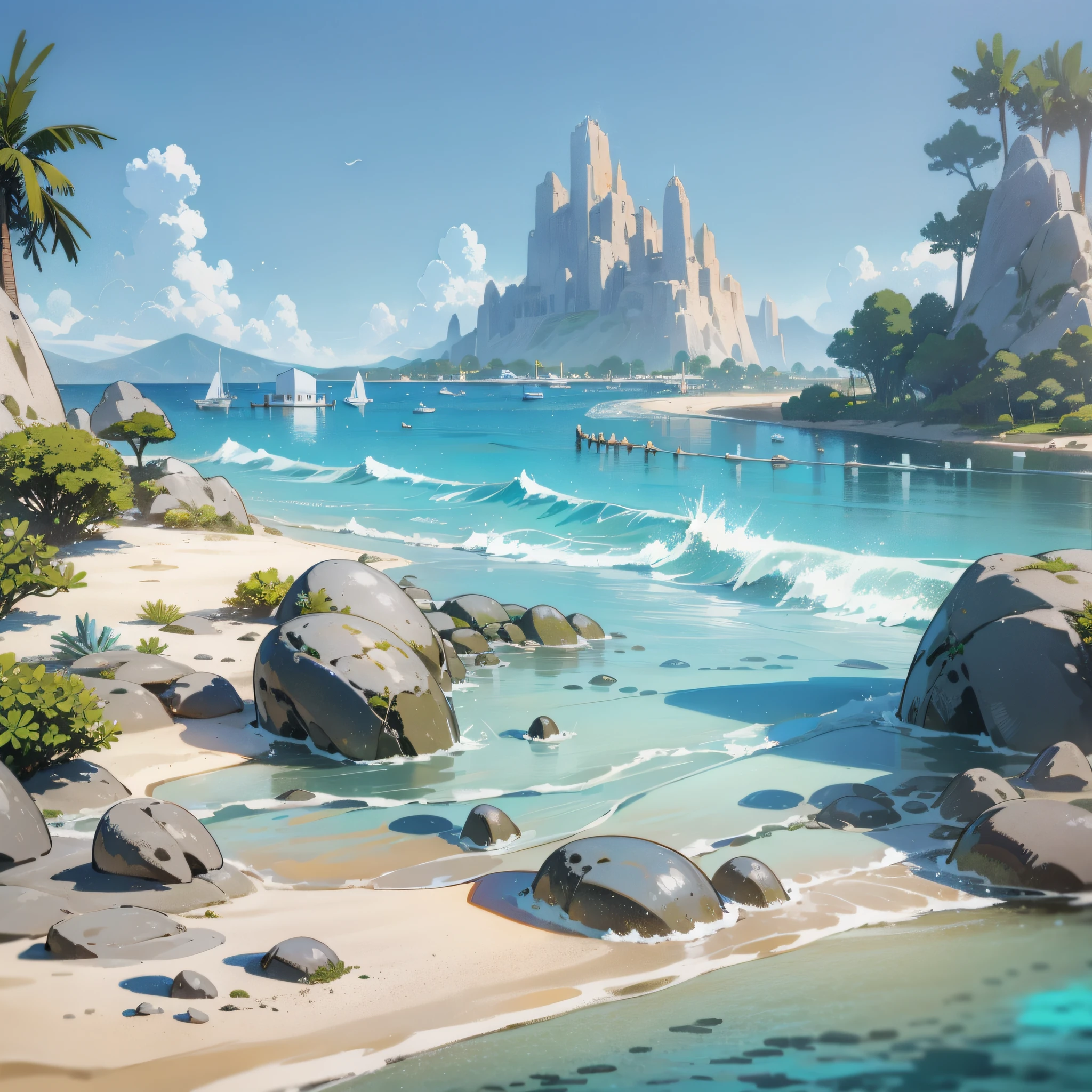 terraces, beach, clear water, bubbling, ray tracing, sand, reef, faint mountains in the distance, comics, 3d rendering, cartoon, cute style, sunny, outdoor, detailed, 4K, HD, high quality