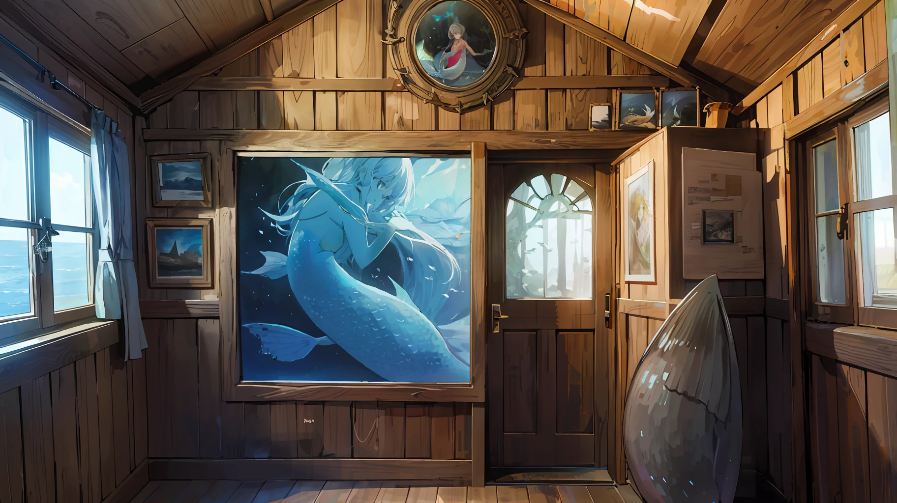 Light oak cabin of an old ship with a picture of a beautiful mermaid in the parde