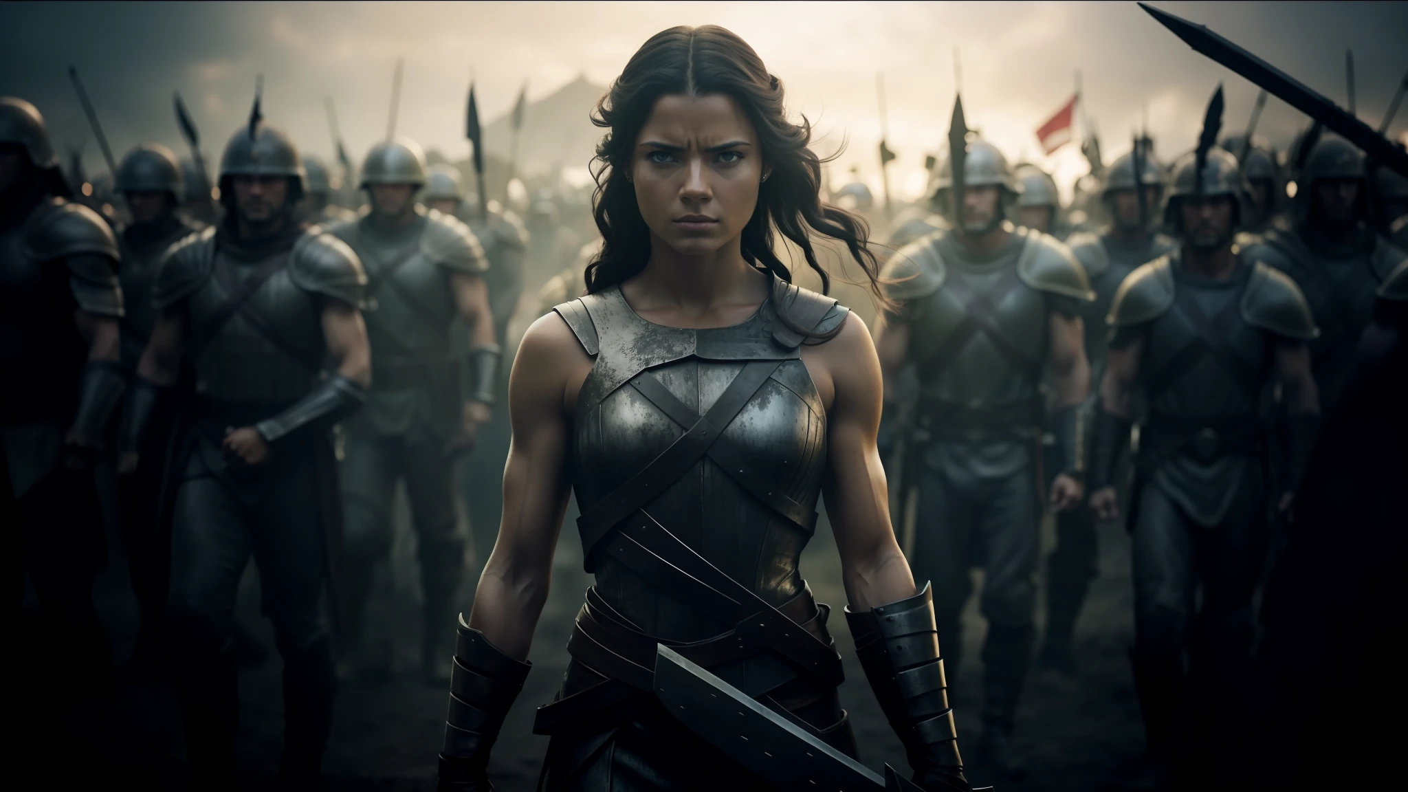 a woman in a costume standing in front of a group of soldiers, in screenshot from the 300 movie, official splash art, furious dark haired women, inspired by Júlíana Sveinsdóttir, sexy movie photo, luthien, skeleton warrior, still from a music video, boardgamegeek, by Jesse Richards, trending digital art