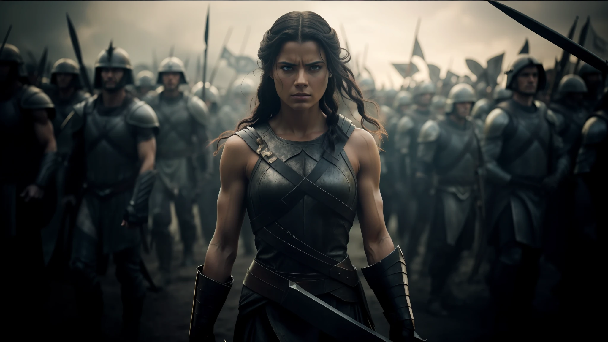 a woman in a costume standing in front of a group of soldiers, in screenshot from the 300 movie, official splash art, furious dark haired women, inspired by Júlíana Sveinsdóttir, sexy movie photo, luthien, skeleton warrior, still from a music video, boardgamegeek, by Jesse Richards, trending digital art