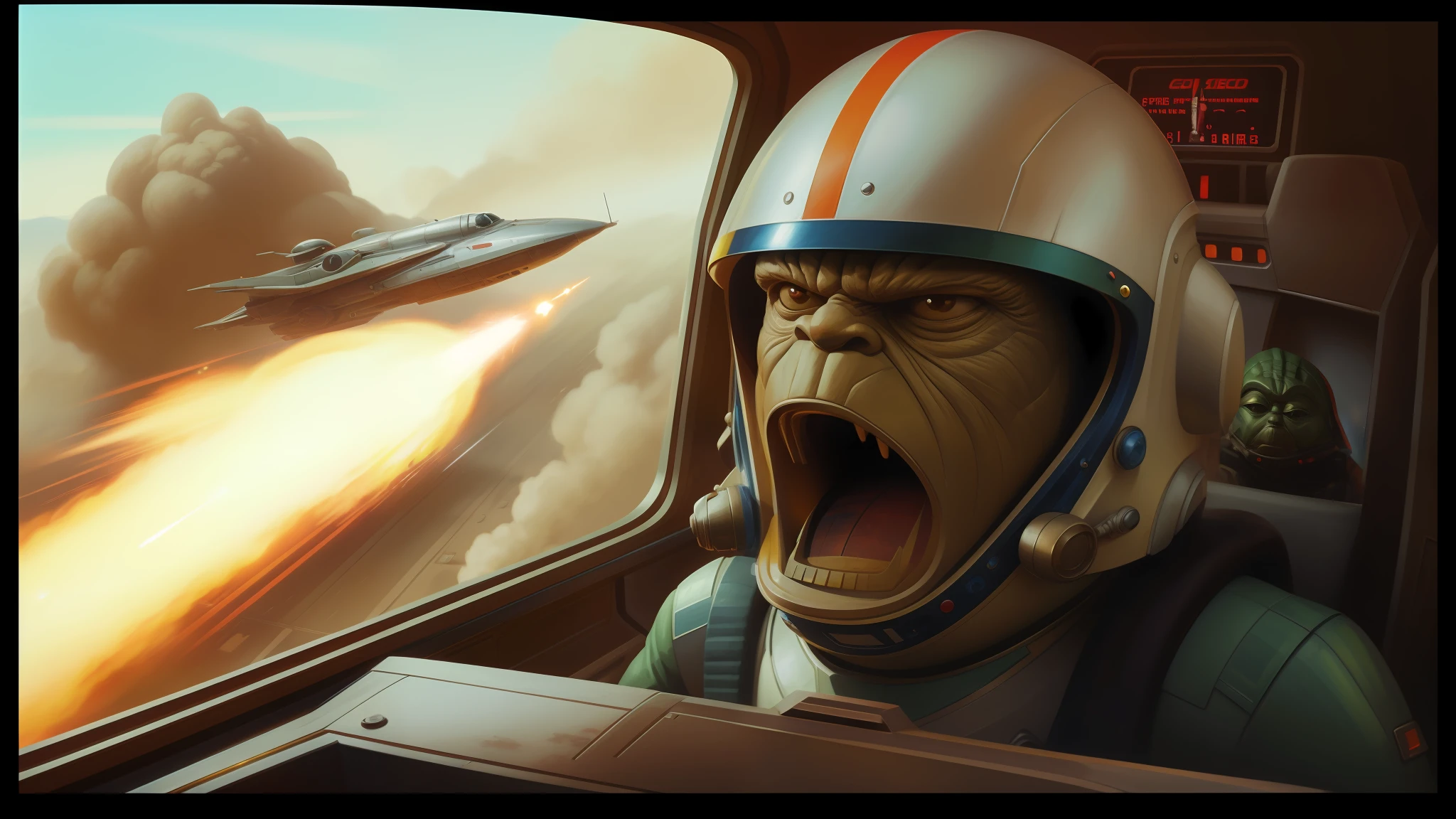 arafed looking man in a space suit with a rocket in the background, yoda fantasy art portrait, car chase, by François Boquet, anamorphic illustration, an angry expression, great character design, wearing winged helmet, wes anderson film screenshot, racers, scarab, inspired by Thomas Blackshear, charli bowater and artgeem, shouting, starwars