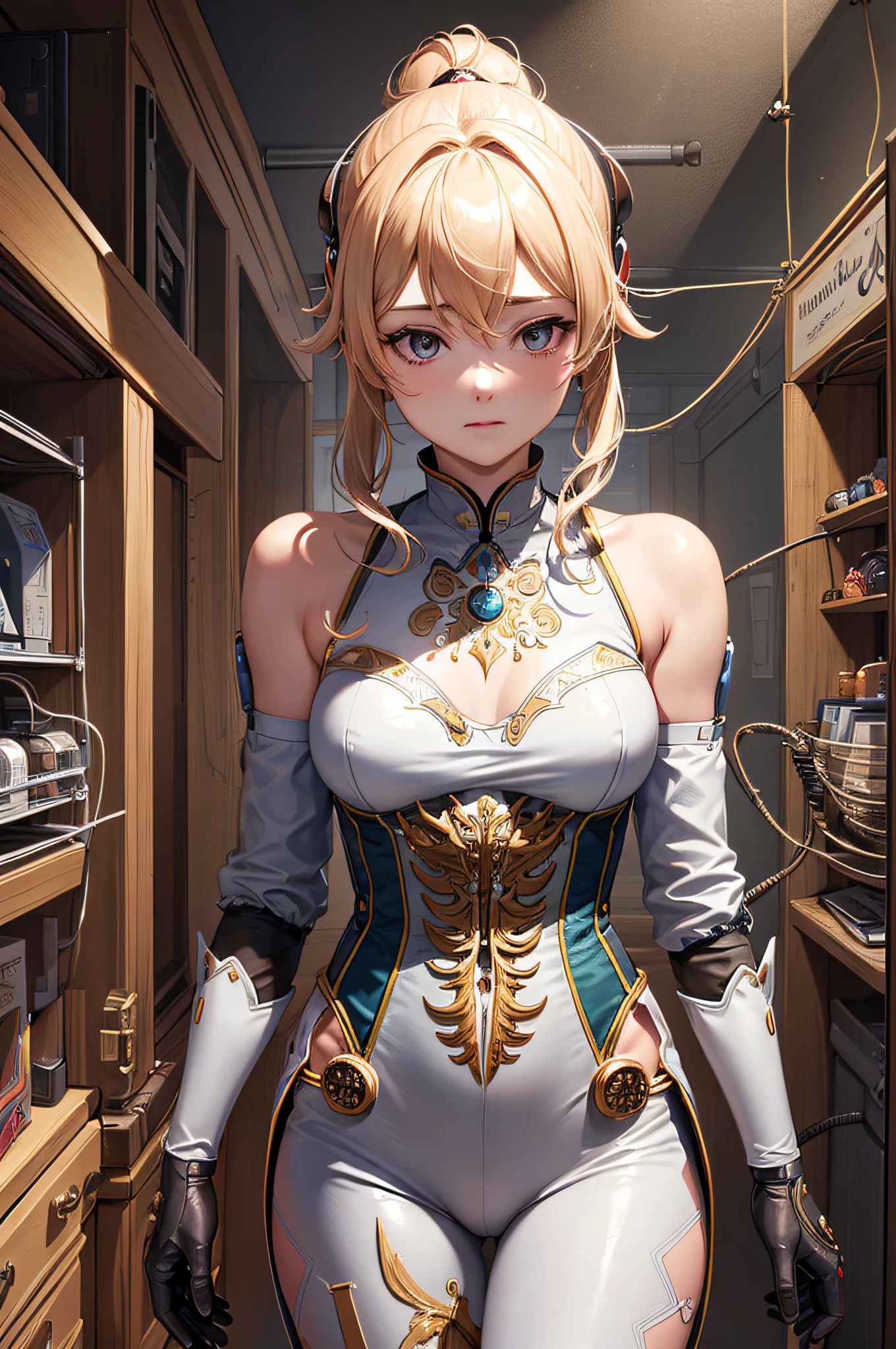 (((masterpiece))), (((best quality))), ((ultra-detailed)), (highly detailed CG illustration), ((an extremely delicate and beautiful)),cinematic light,((1mechanical girl)),solo,(cowboy shot:1.2),(machine made joints:1.2),((machanical limbs)),(blood vessels connected to tubes),(mechanical vertebra attaching to back),((mechanical cervial attaching to neck)),expressionless,(wires and cables attaching to neck:1.2),(wires and cables on head:1.2),(character focus),science fiction,extreme detailed,colorful,highest detailed, loongs,fengs,background,
