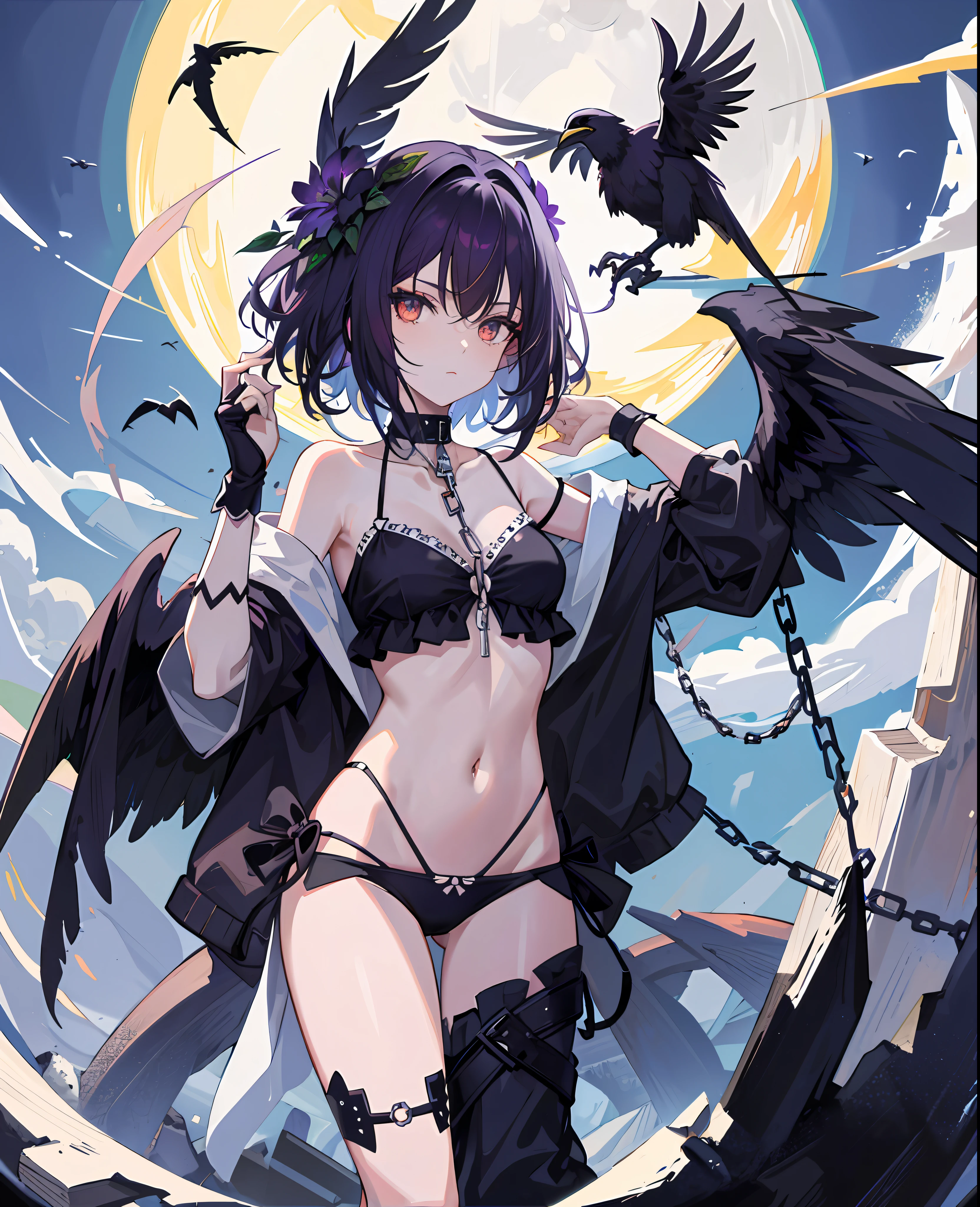 (Masterpiece), (Best Quality), Omnipotent, Full Moon, (Blackleg Decoration), 1girl, (Raven), White Chain, Ruins, 1gir, flower, flowd_flood, floud_moon, (crow), chain, ruins, 1gir, in flower, black_bikini, 1 girl in lace, navel,