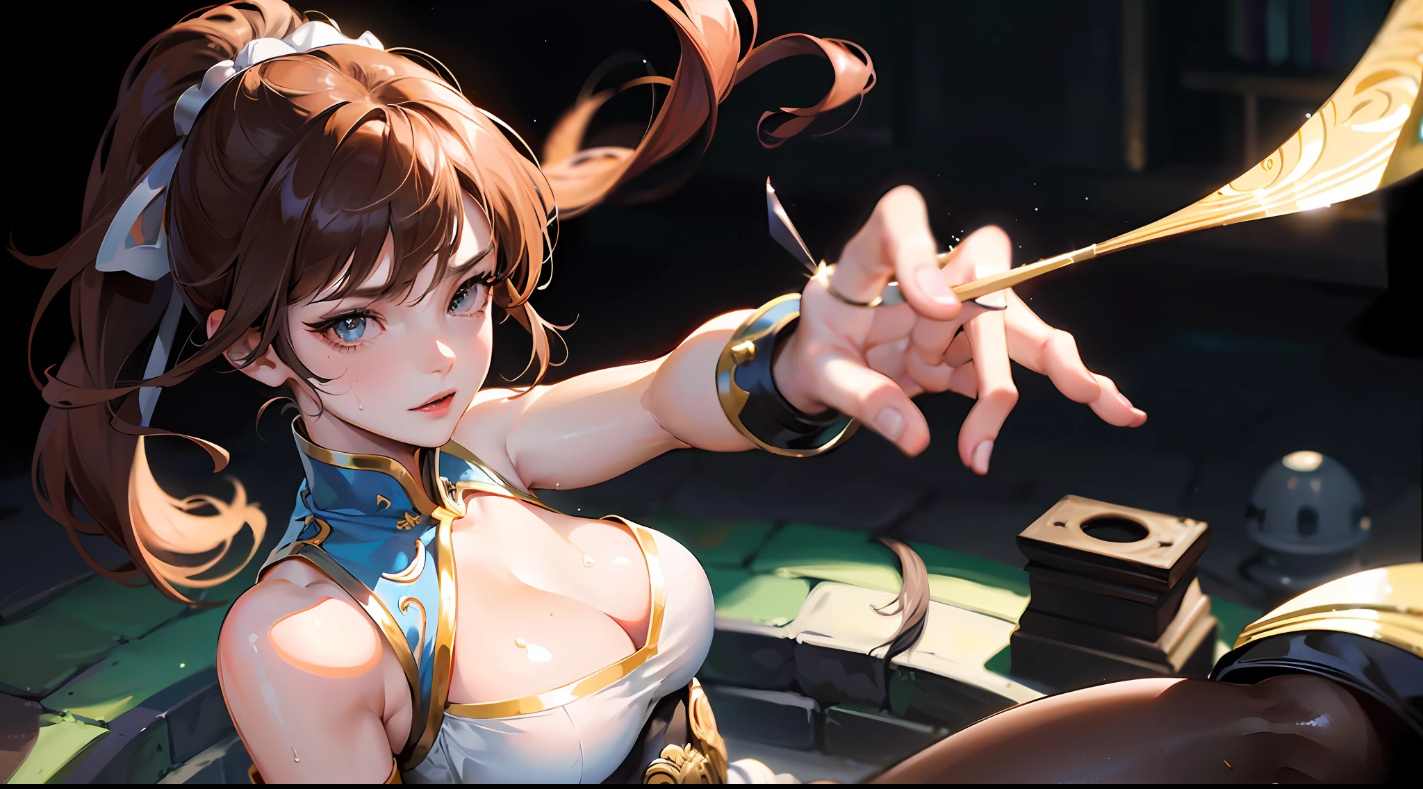 ((Best Quality, 8K, Masterpiece: 1.3)), Chun Li, Masterpiece, Ultra Detail, Ultra HD, 8K, ((Black Pantyhose)), White High Boots, Street Fighter Chun Li, 1girl, Solo, Best Quality, Realistic, Ultra Detailed, (Shiny Skin, Sweating: 1.4), Looking at the Audience, Brown Eyes, Slender, Dynamic Light and Shadow, High Resolution, Sharp Focus, Depth of Field, Fine Eyes, Sharp Pupils, Realistic Pupils, (Thigh Thickness: 1.3), Outdoor, Sky, Detailed Eyes, Backlight, Best Light and Shadow, Intricate Details, Ultra-Detailed Details, Capcom Chunli, Upper Body Close-up, Small Thin Waist, Slim Abdomen, Character Standing, Sideways, Looking Back, Big Eyes, Long Eyelashes, Delicate Nose, Instagram Style Girl, Kung Fu Pose, (Upper Body: 1.5), Above the Waist