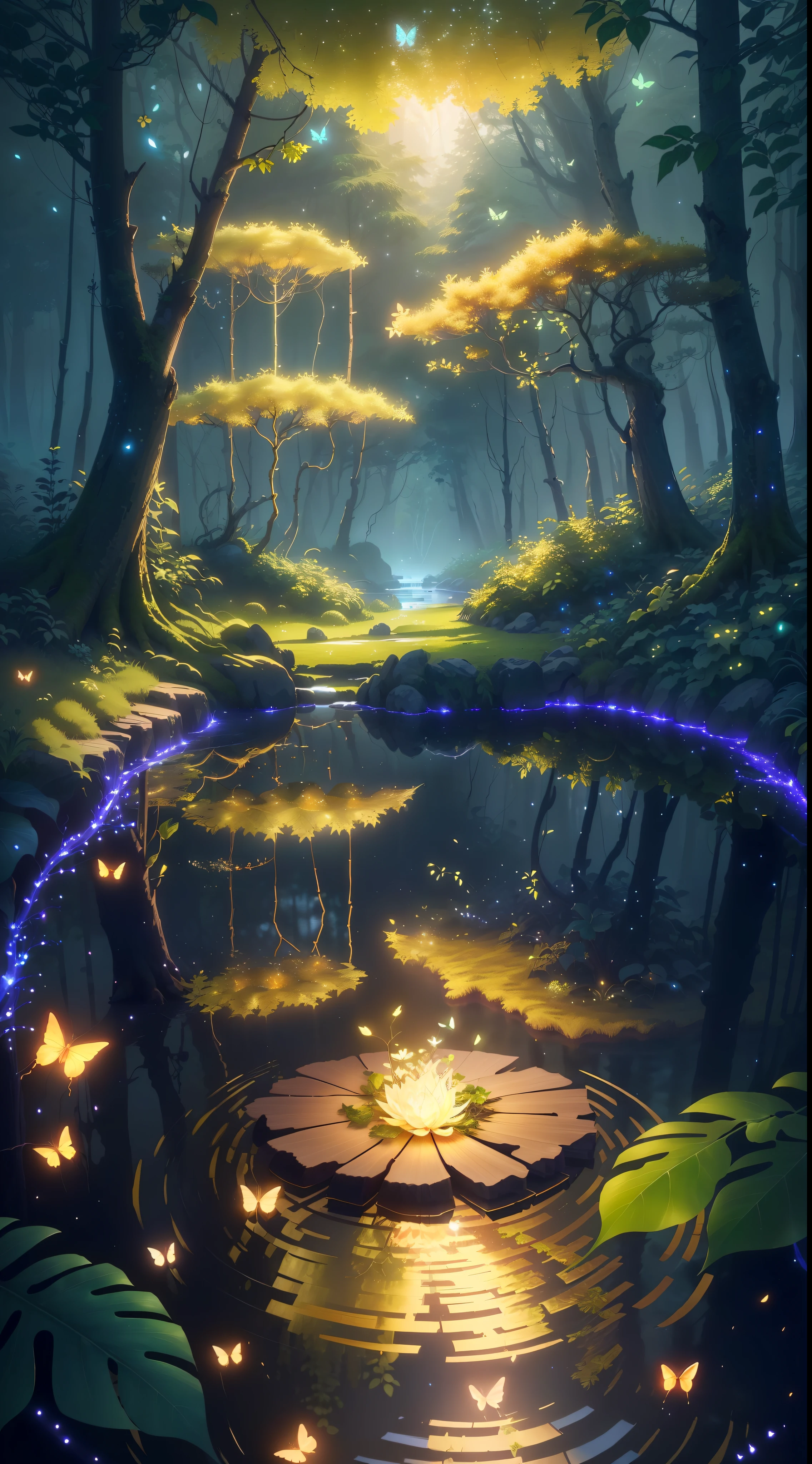 A masterpiece, the best quality, stunning reflections, the best reflections ever. (very detailed CG unity 8k wallpapers), (best quality), (best illustrations), (best shadows), forest theme with natural elements. Tall trees, quiet streams, small glowing mushrooms surrounded by delicate leaves and branches, with fireflies and glowing particle effects,, (natural elements), (jungle theme), (leaves), (twigs), (fireflies), butterflies, (delicate leaves), (glow), (particle effects). , Isometric 3D, Octane Rendering, Ray Traced, Super Detailed