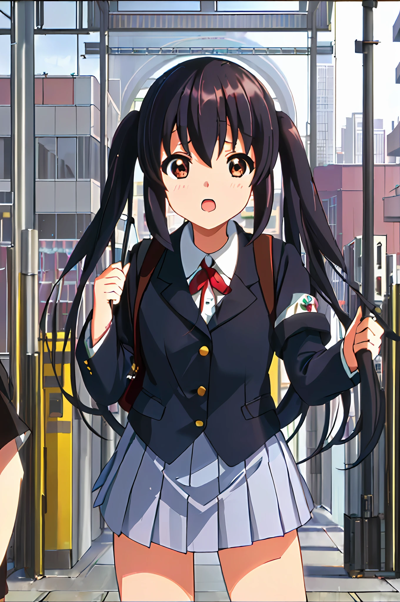 1girl, ((((Masterpiece))), Best Quality, Best Quality, High Detail, Azusa Nakano, 1girl, Sakuragaoka High School Uniform, Musical Instrument, School Uniform, Twin Tails, Long Hair, Black Hair, Brown Eyes, Solo, Red, Dark blue blazer with a thin ribbon of red, Solid white button shirt under blazer, Illustration, Cartoon, Soothing tones, Muted colors, Soft cinematic light, Adobe Lightroom, Photo Lab, HDR, complex and highly detailed, (((depth of field))))). (((Masterpiece))). (((highest quality))).) ((super detail))). (((Illustration))). (((Outside))). (((fighting stance))).,((((Giantization))).dynamic focus.small breasts. (((skyscrapers))). (((Cityscape))). (((Face of sadness))). open mouth.