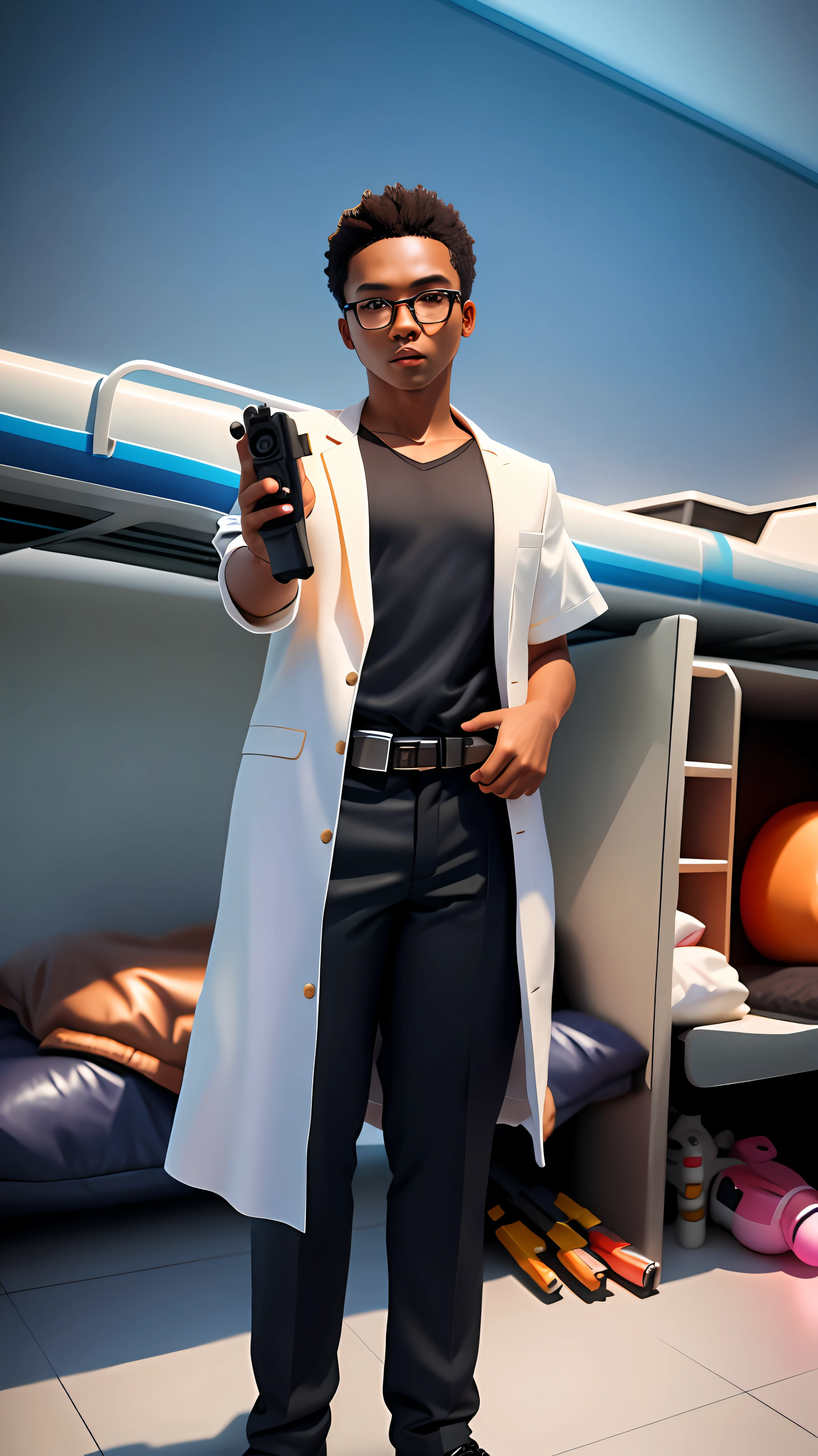 A man, wearing a white coat, black pants, black short sleeves, wearing a shapeshifter belt, a toy gun in his hand, and a little dark skin