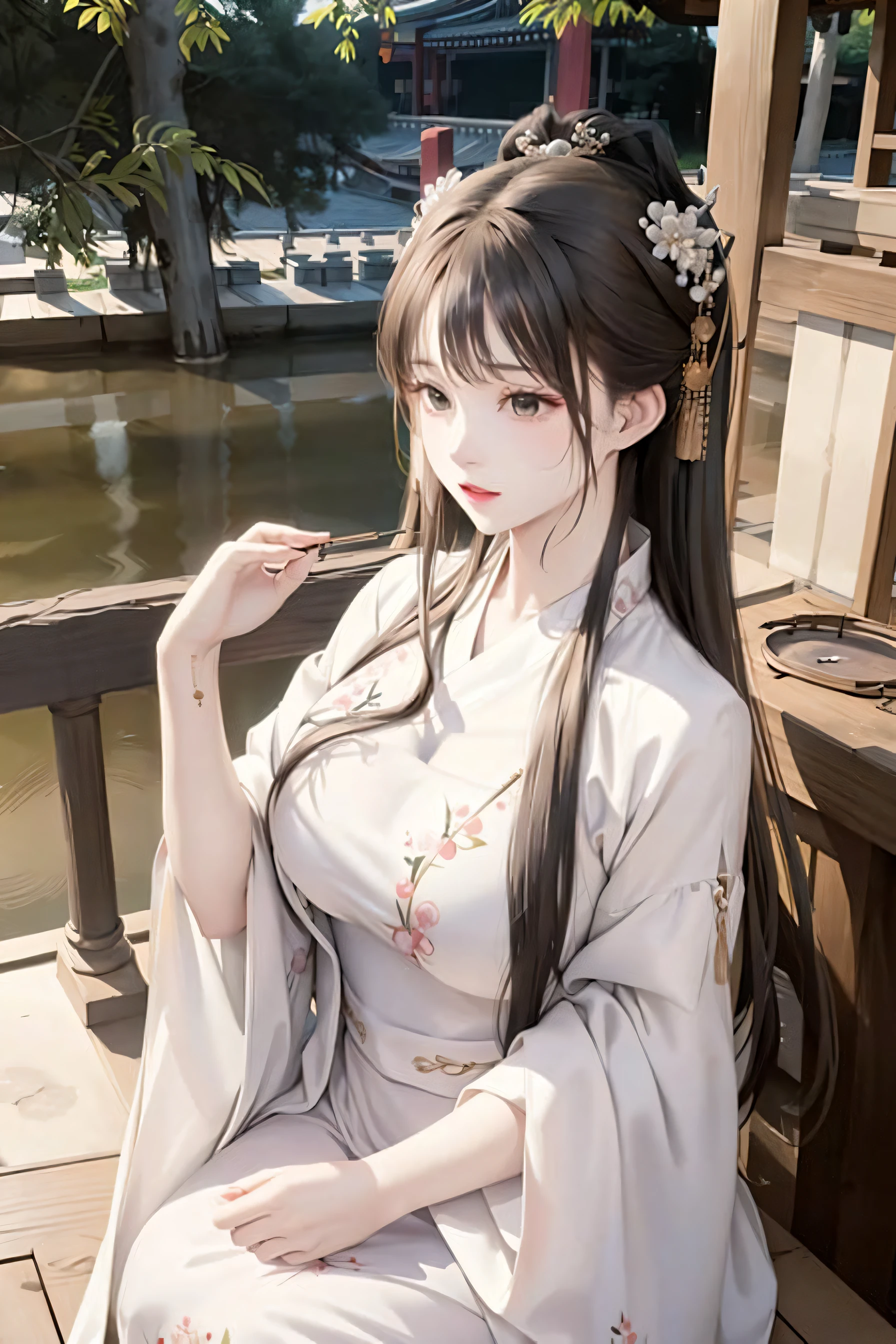 upper body, oil painting, masterpiece, best quality, highres, long brown hair, jewelry hairpin, large breast,riverside and rock or temple or bridge, extremely clothes, sitting, (song Dynasty, song clothing:1.2),