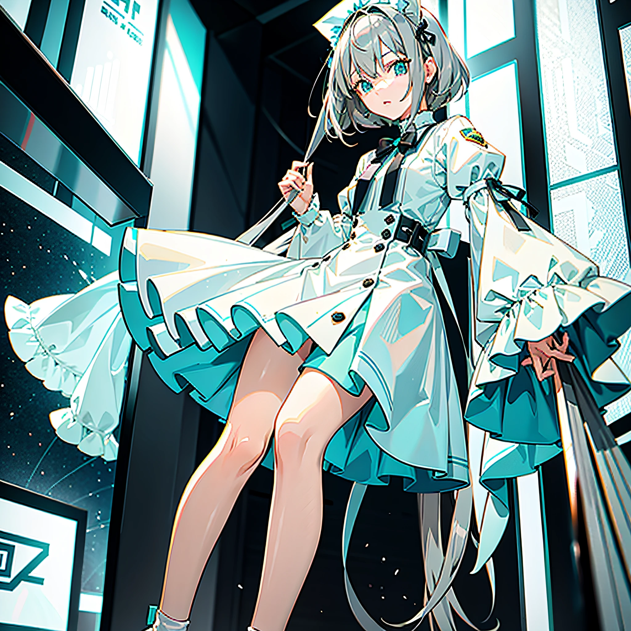 Normal Anime Style Gray hair two-dimensional 12-year-old girl Height 135cm White silk white clothes Stand in a pure green cube house with both hands lifting her skirt