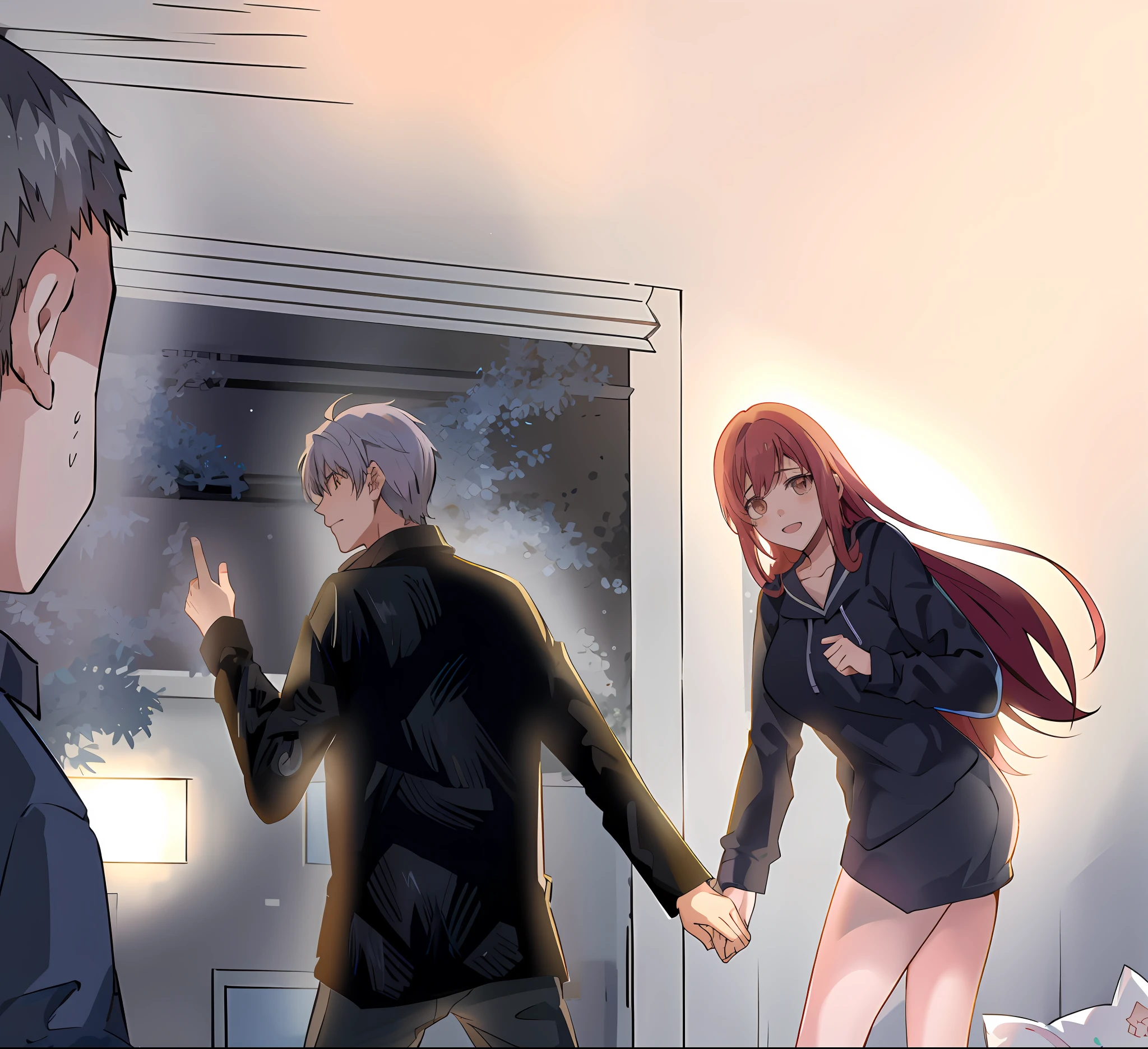 anime scene of a man and woman walking through a doorway, shoujo romance, visual novel cg, ; visual novel, official fanart, high quality fanart, visual novel, shoujo manga, manhwa, inspired by Gigadō Ashiyuki, bottom angle, cel shaded anime, sankakucomplex anime image, painted in anime painter studio, forcing him to flee