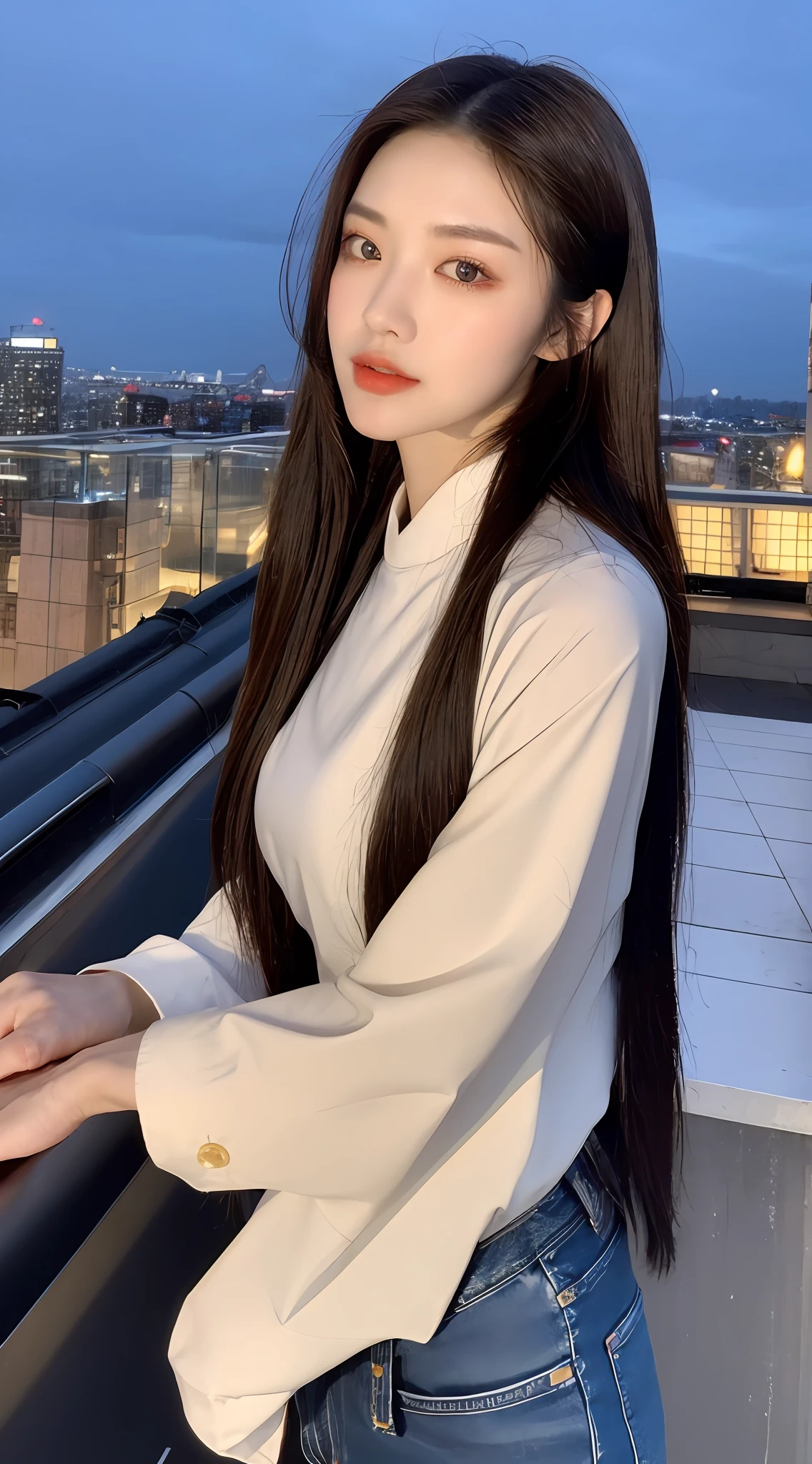 ((Midnight, Best quality, 8k, Masterpiece :1.3)), Whole body, Long legs, Sharp focus :1.2, A pretty woman with perfect figure :1.4, Slender abs :1.1, ((Dark brown hair, Big breasts :1.2)), (White tight tshirt, Jean bib, Standing:1.2), ((Night city view, Rooftop:1.3)), Highly detailed face and skin texture, Detailed eyes, Double eyelid