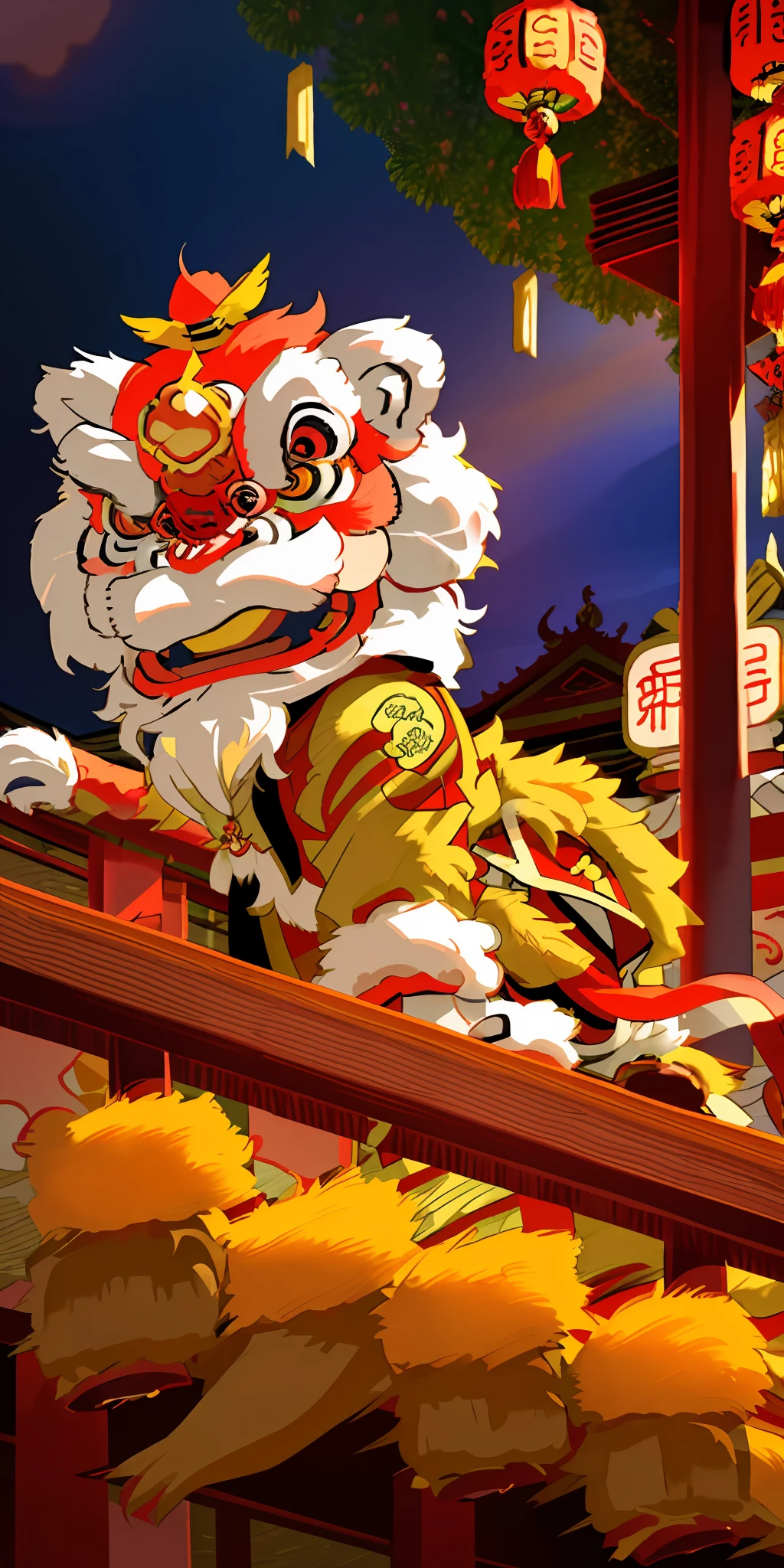 Lion dance, masterpiece, best quality, (very detailed CG unified 8k wallpaper) (best quality), (best illustration), (best shadow), traditional Chinese culture, New Year atmosphere, fireworks in background