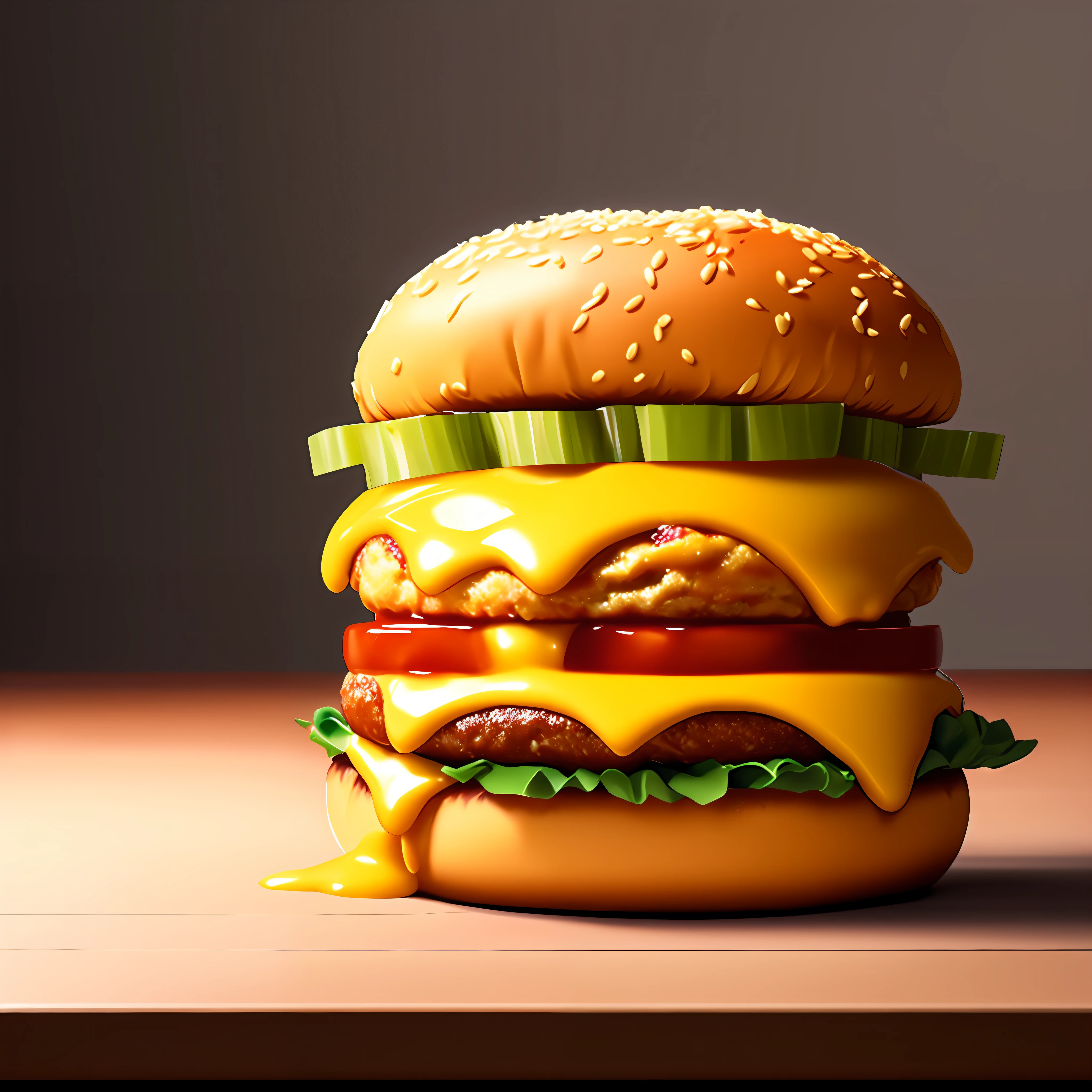 A Cheesburger sitting on a table, hyper realistic digital painting, color hyperrealism, amazing food illustration, blender cheesburger, amazing food photography, hyper realistic oil painting, hyper realistic color photo, ultra realistic oil painting, realistic color photography, hyper realistic oil painting, hyper realistic oil painting, beautiful 3d rendering, hyper realistic digital painting
