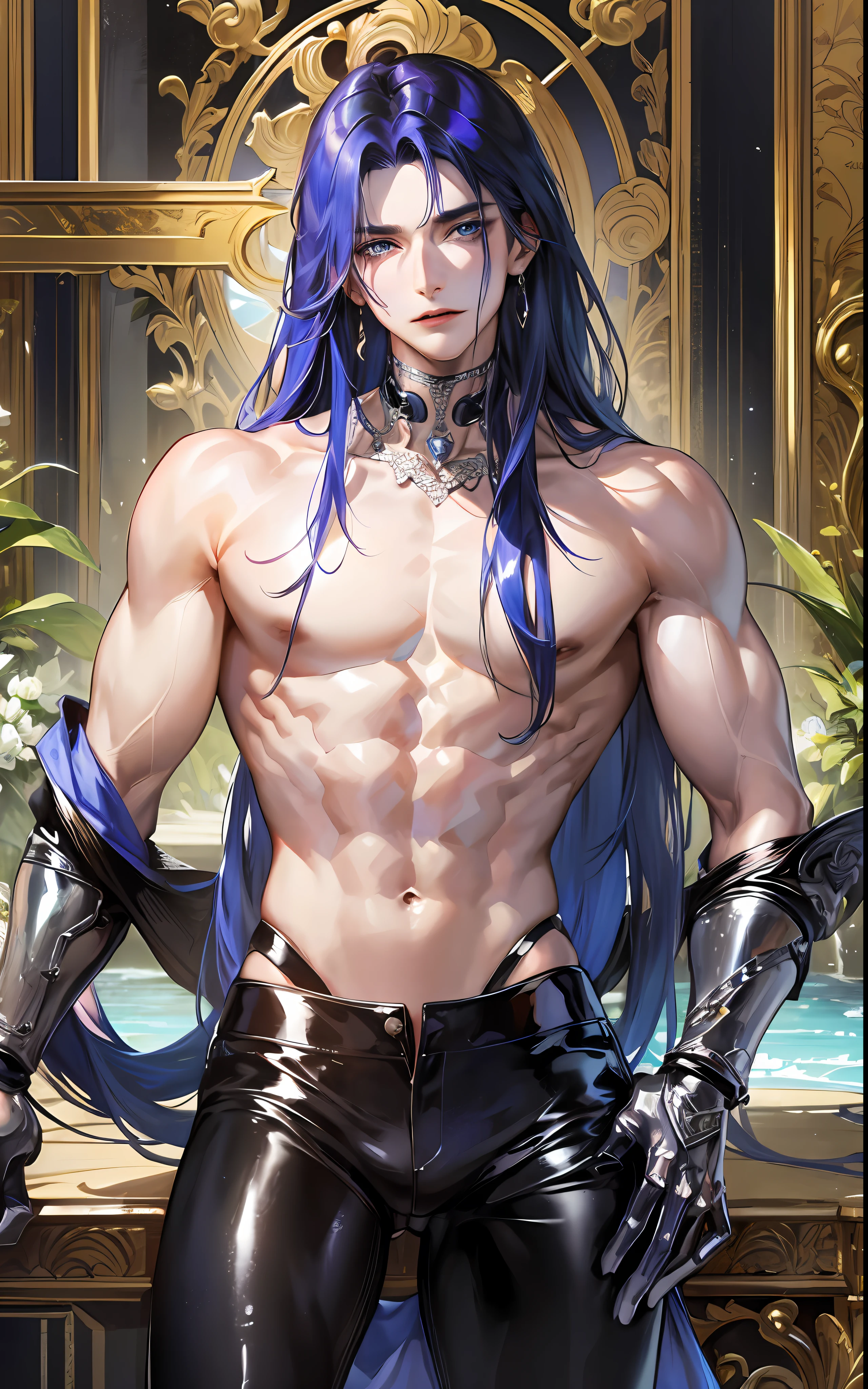 man, masculine, masculine face, attractive, muscular, ((1man)), masterpiece, absurdres, best quality ,intricate details , (shiny skin, shiny body, shiny oily luster skin, shiny hair, pale skintone), Sundown, attractive, ((muscular)), adult, one, no blouse, earrings, black pants, Don't look at the view , Not looking at the view, blue long hair, perfect detailed face, perfect detailed hands, vampire, blue eyes, ((MLS)), medium large shoot