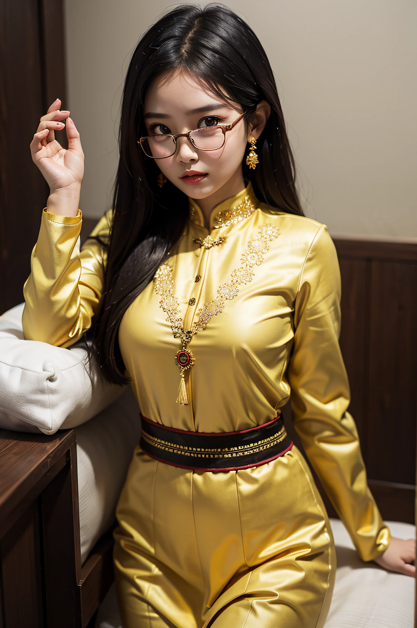 sexy burmese 20year girl with cute and round face, short, (extremely realistic), 8k,Myanmar traditional female clothes , wearing glasses, masterpiece, ( highly detailed), (flawless) , masterpiece,