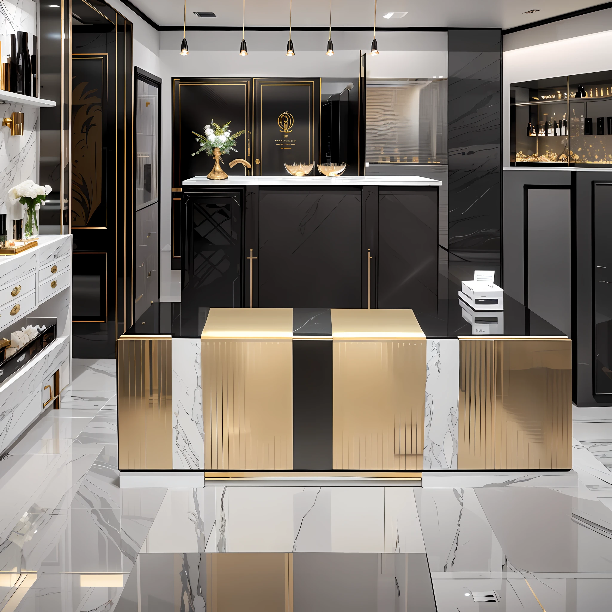 The modern look and luxurious appearance of the silver-black and silver-tone storefront, brass and copper-gold materials and metal polished finishes with silver counters and lacquered oak reception counters reflect the ultimate in quality and elegance and sophistication. --auto --s2