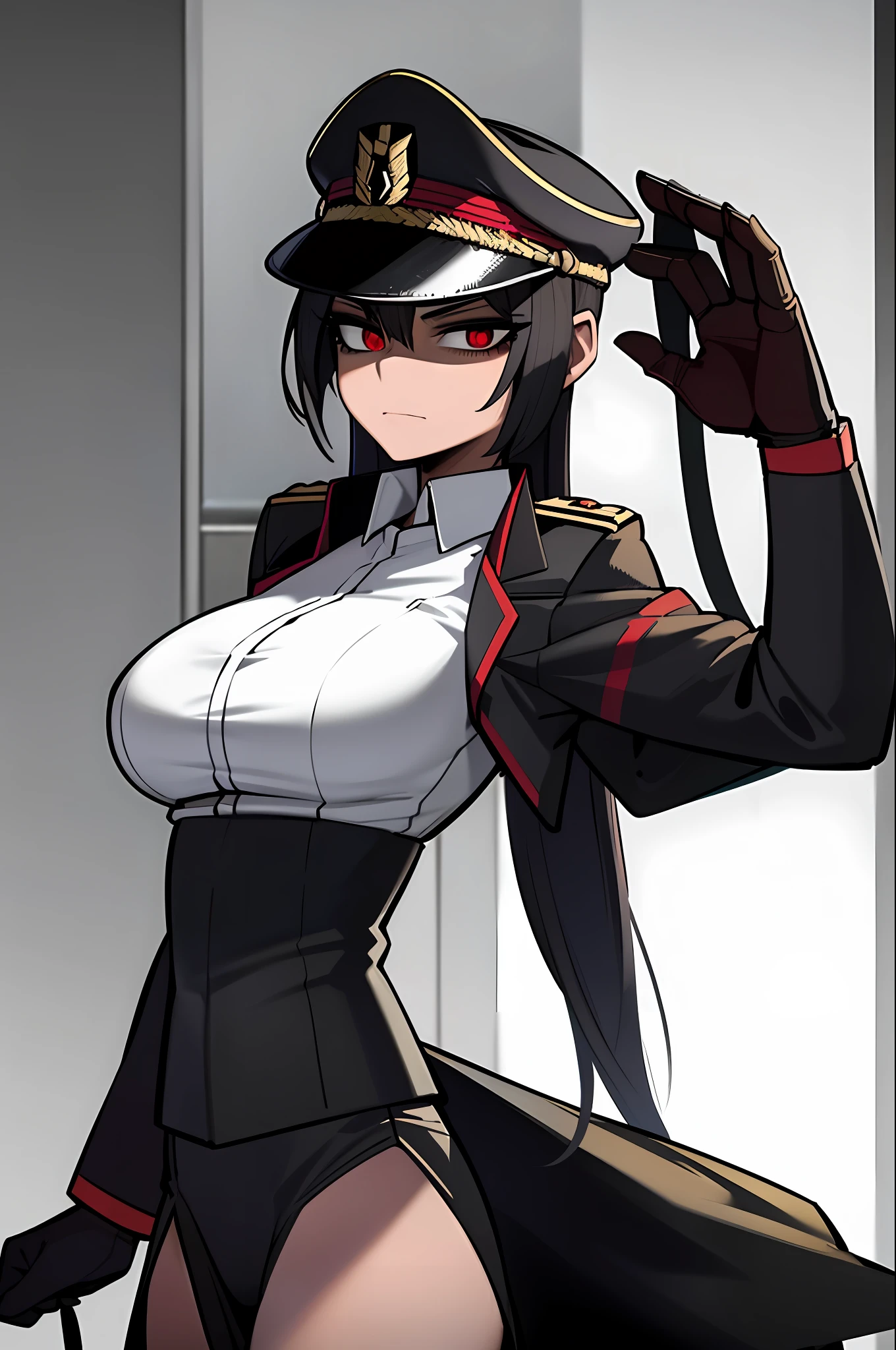 ((masterpiece, best quality)), (1girl), (solo), (female focus), Yoruichi Shihoin as army officer, black leather German uniform, wearing army leather hat, strong makeup, large breasts, tall woman, red eyes, deep shadows, constricted pupils, empty eyes, yandere, accessories, female death appearance, dynamic angle, highly detailed, 8k resolution