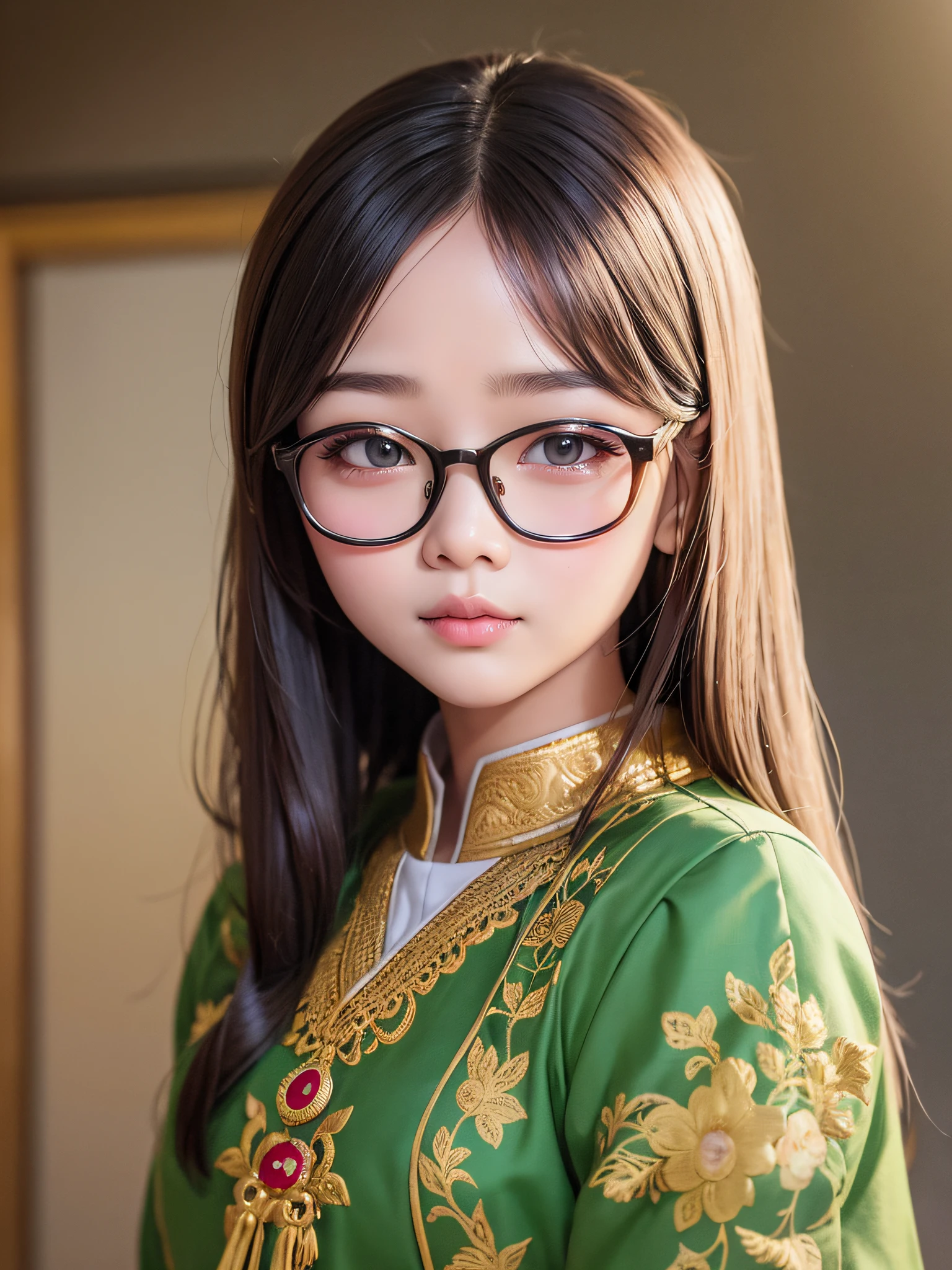 Myanmar 20year girl with cute and round face, (extremely realistic), 8k, Myanmar traditional female clothes ,wearing glasses, masterpiece, ( highly detailed), (flawless) , masterpiece,