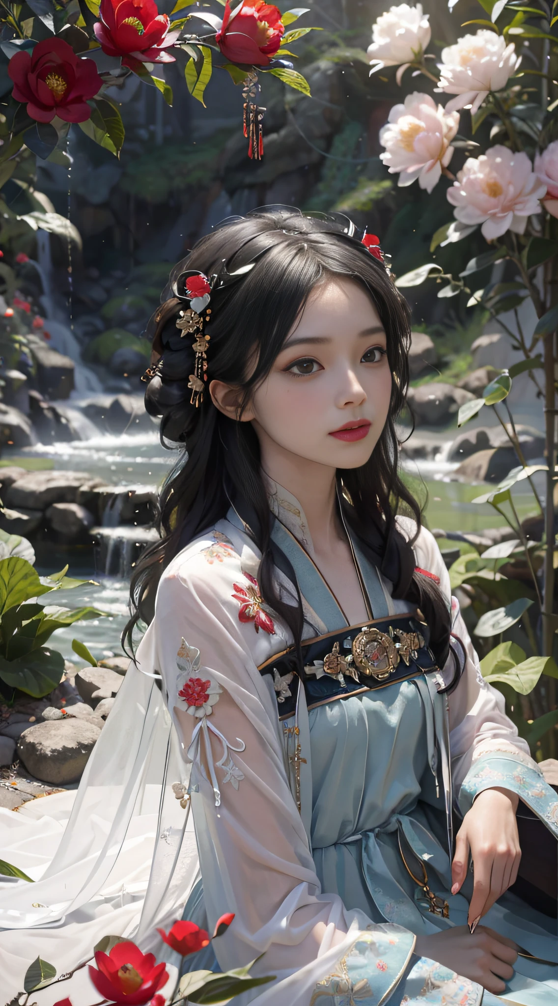 (Positive Focus), (In the Dark: 1 Girl), Surrealistic Female Portraits by David Hockney and Alphonse Mucha, Fantasy Art, Photo Realism, Dynamic Lighting, Art Station, Poster, Volumetric Lighting, Very Detailed Faces, 4K Wallpaper, Award-Won, 1 Girl Close-up, Bust Photo, Red Hanfu, White Tulle Coat, Half-off Coat, Smile Emoji, Long Black Hair, Red Tassels, Sexy, Red Flowers, Small Blue Flowers, Butterflies Flying, Multiple Butterflies, Sitting by the River, Round Fan, Round fan with embroidery, hazy mist, mist, evening, fog, courtyard background of ancient Chinese architecture, peony flower, white lotus, small bamboo, petals falling, dramatic composition, film lighting effects,