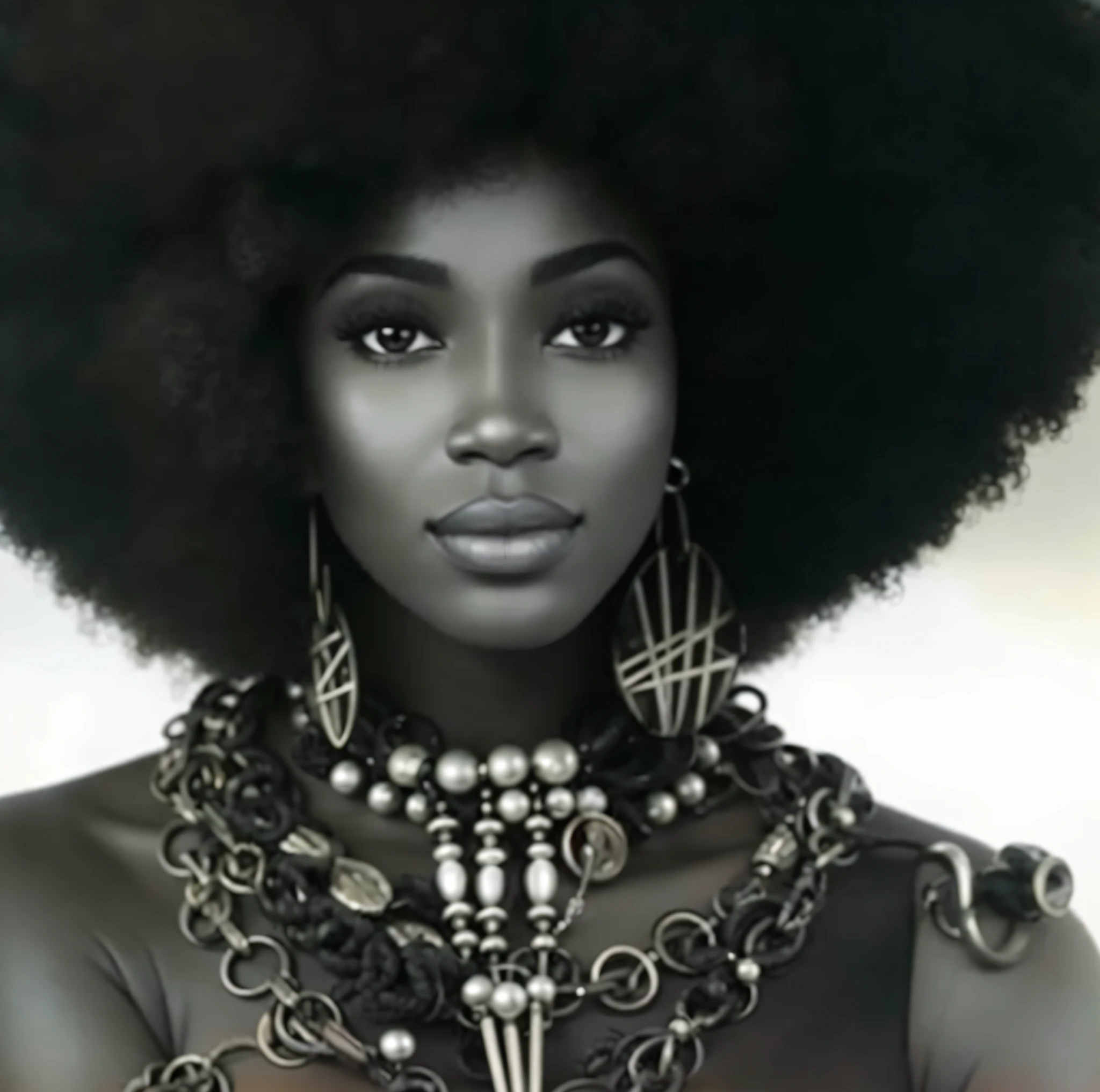 a close up of a woman with a large afro wearing a necklace, afro, black woman, big afro, afroamerican, afrofuturistic, afro futuristic, with afro, afrofuturist, afro hair, long afro hair, gorgeous woman, photo of a black woman, black african princess, african american woman, afro futurism, stunning woman, dark-skinned