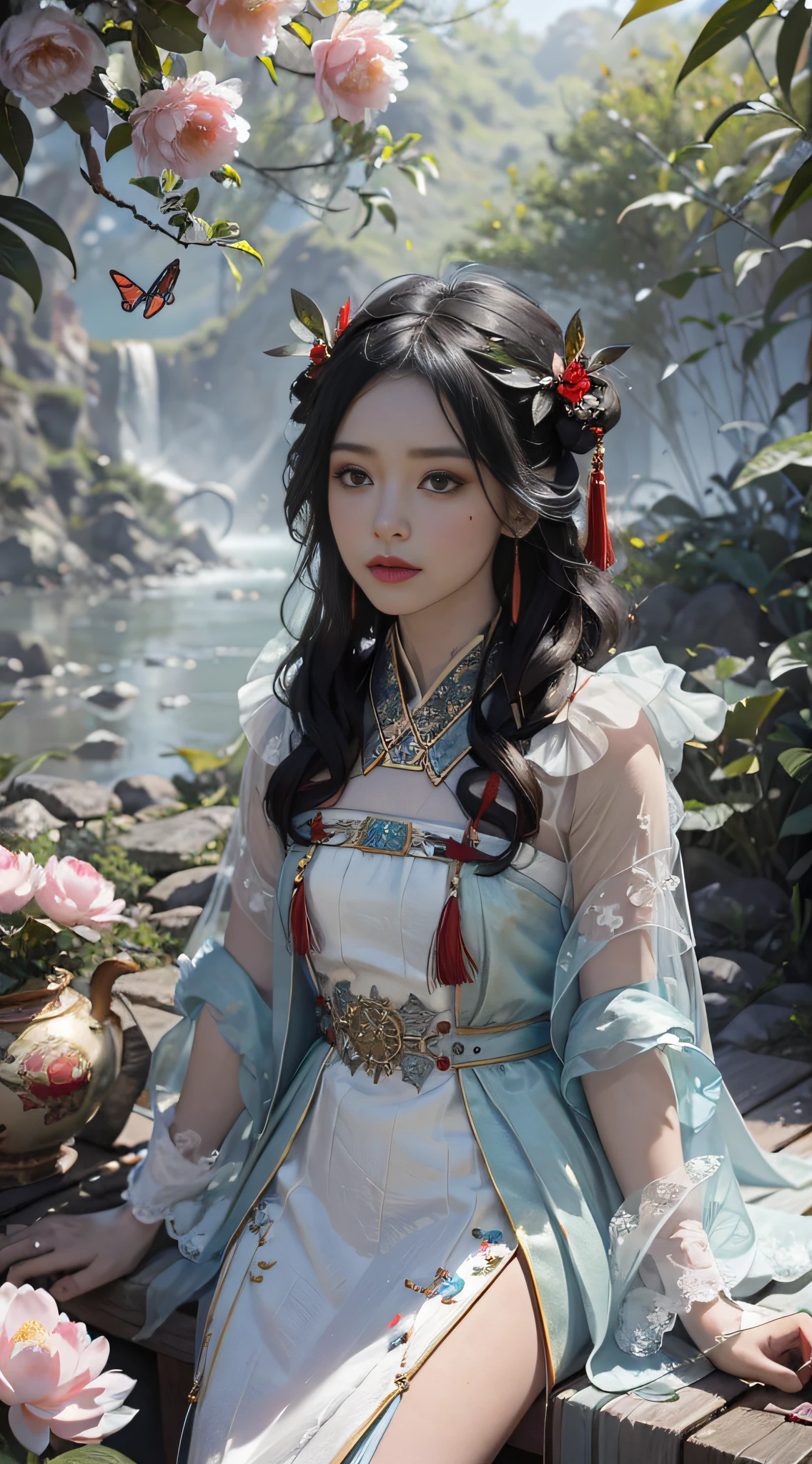 (Positive Focus), (In the Dark: 1 Girl), Surrealistic Female Portraits by David Hockney and Alphonse Mucha, Fantasy Art, Photo Realism, Dynamic Lighting, Art Station, Poster, Volumetric Lighting, Very Detailed Faces, 4K Wallpaper, Award-Won, 1 Girl Close-up, Bust Photo, Red Hanfu, White Tulle Coat, Half-off Coat, Smile Emoji, Long Black Hair, Red Tassels, Sexy, Red Flowers, Small Blue Flowers, Butterflies Flying, Multiple Butterflies, Sitting by the River, Round Fan, Round fan with embroidery, hazy mist, mist, evening, fog, courtyard background of ancient Chinese architecture, peony flower, white lotus, small bamboo, petals falling, dramatic composition, film lighting effects,