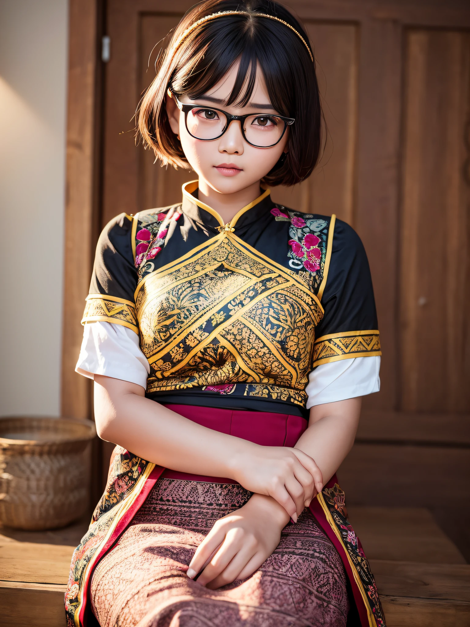 Myanmar 20year girl with cute and round face, (extremely realistic), 8k, Myanmar traditional female clothes ,wearing glasses, masterpiece, ( highly detailed), (flawless) , masterpiece,( short hair)