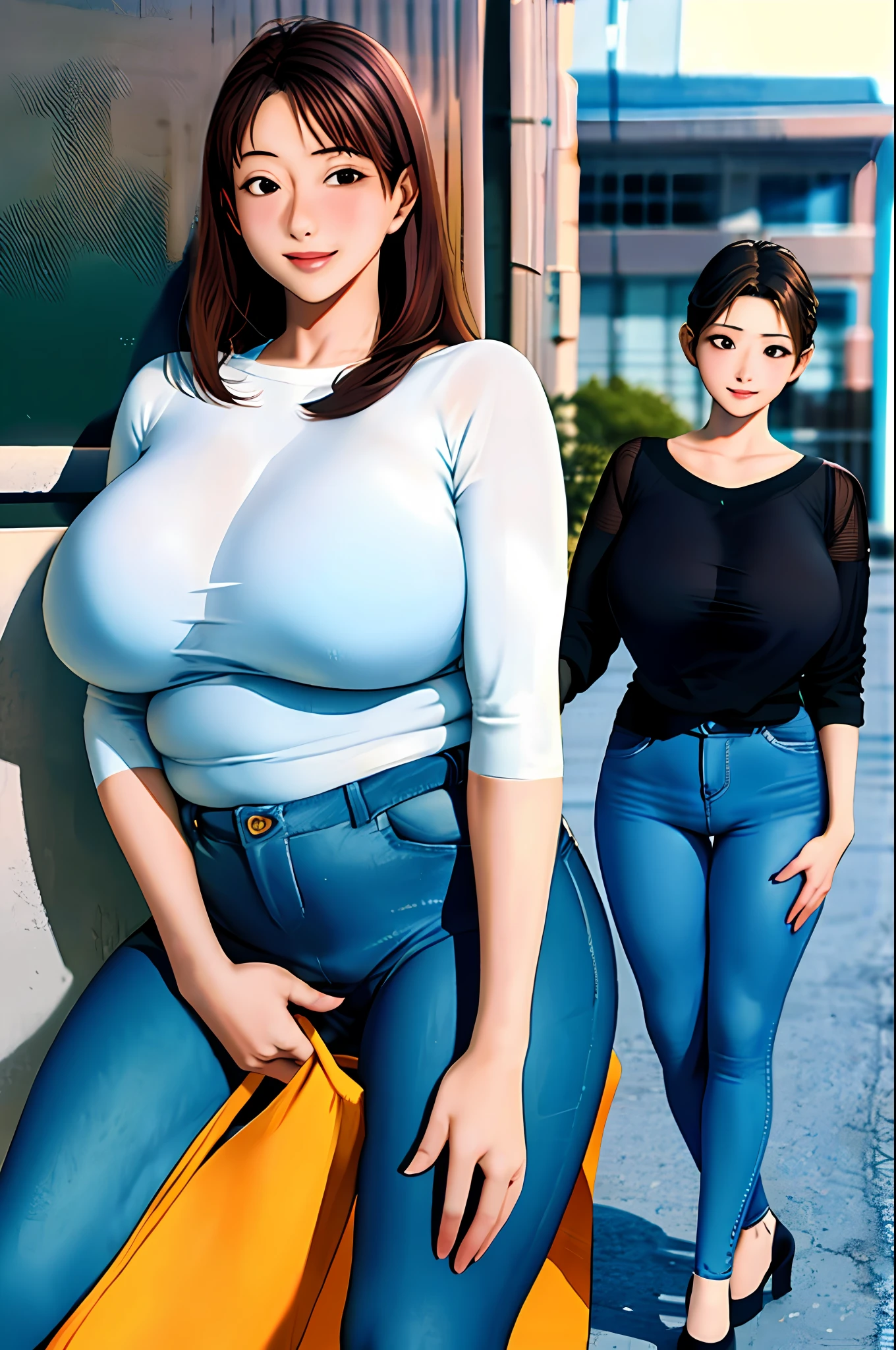 Busty mature aunts, plump big breasts, plump buttocks, tight transparent crewneck T-shirt, ultra-short skinny jeans, looking at me from top to bottom
