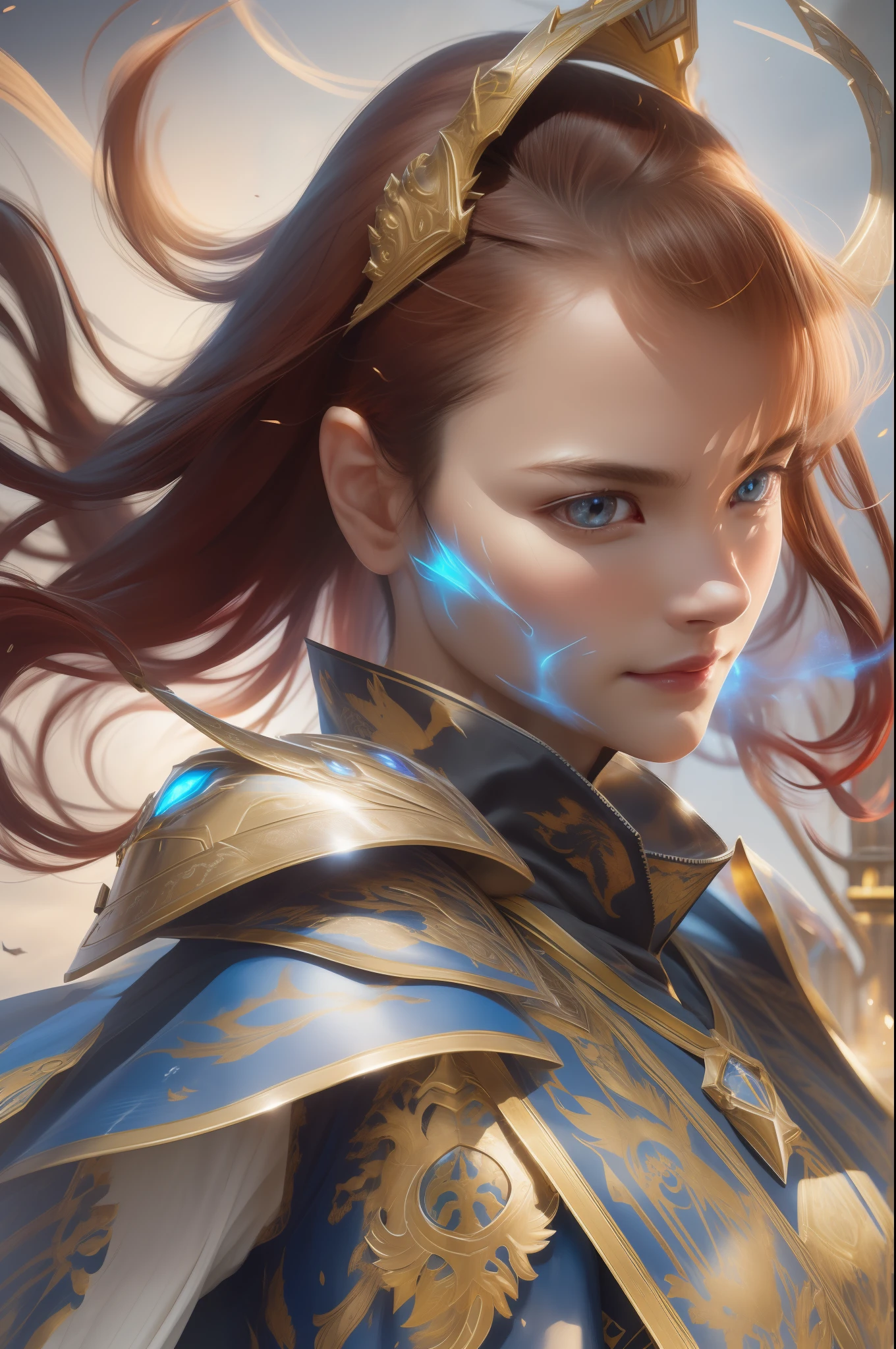 8k,ultra detailed, masterpiece, best quality, (extremely detailed), dynamic angle, Mysterious expression, wind effect, fantasy background, rim lighting, cinematic light, ultra high res, 8k uhd, film grain,best shadow, delicate, RAW, light particles, detailed skin texture, detailed armor texture, detailed face, intricate details, ultra detailed, bright, strong, armor, (holding weapon), slashing, slash action, pauldrons, glowing eyes, long cape, fantasy, (realistic), shoulder armor, complex, intricate, perfect lighting, looking at viewer, cinematic lighting, flying in sky,flying, holy light, vivid, bangs, windy