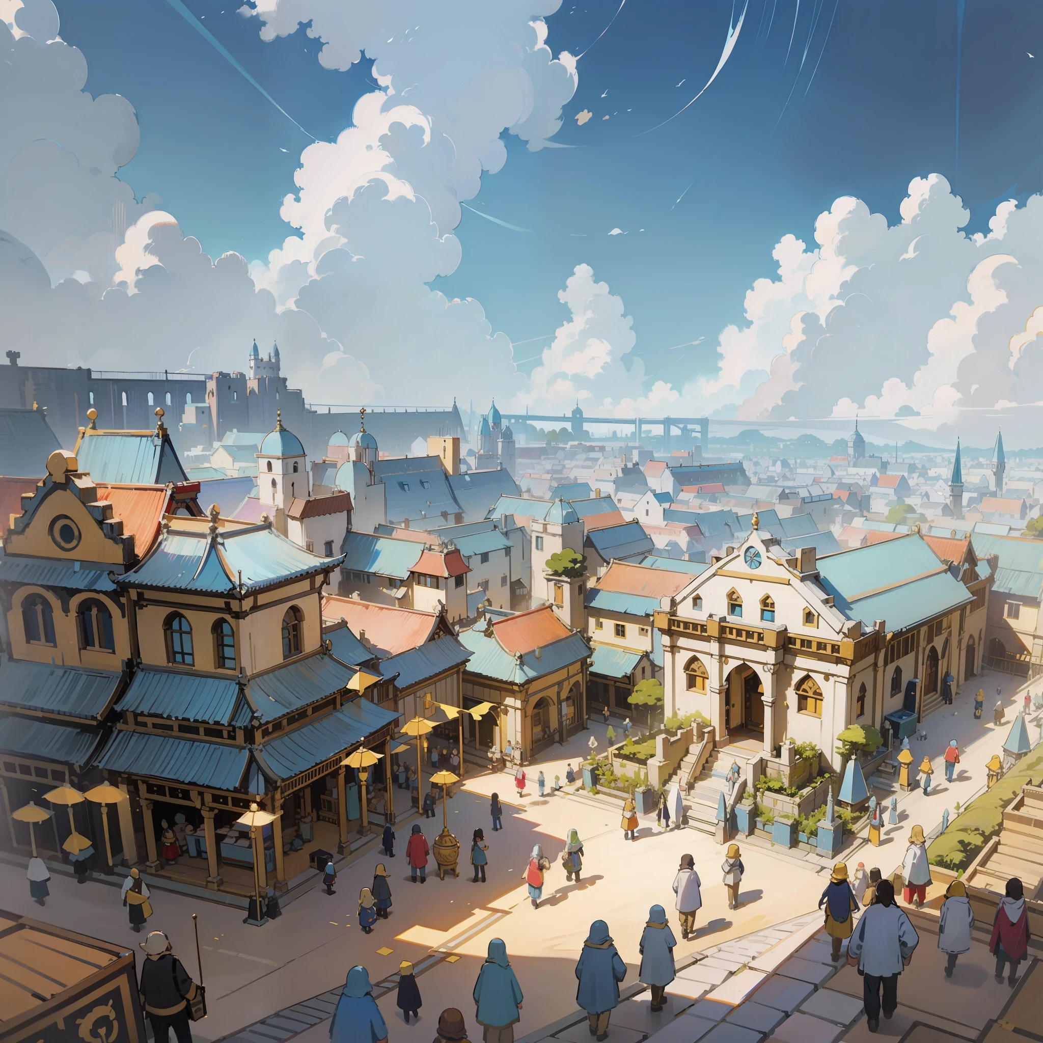 royal city, terraces, clouds, wide angle, pioneering, ancient royal city, bazaar, ray tracing, comics, 3d rendering, cartoon, cute style, sunny, outdoor, detailed, 4K, HD, high quality