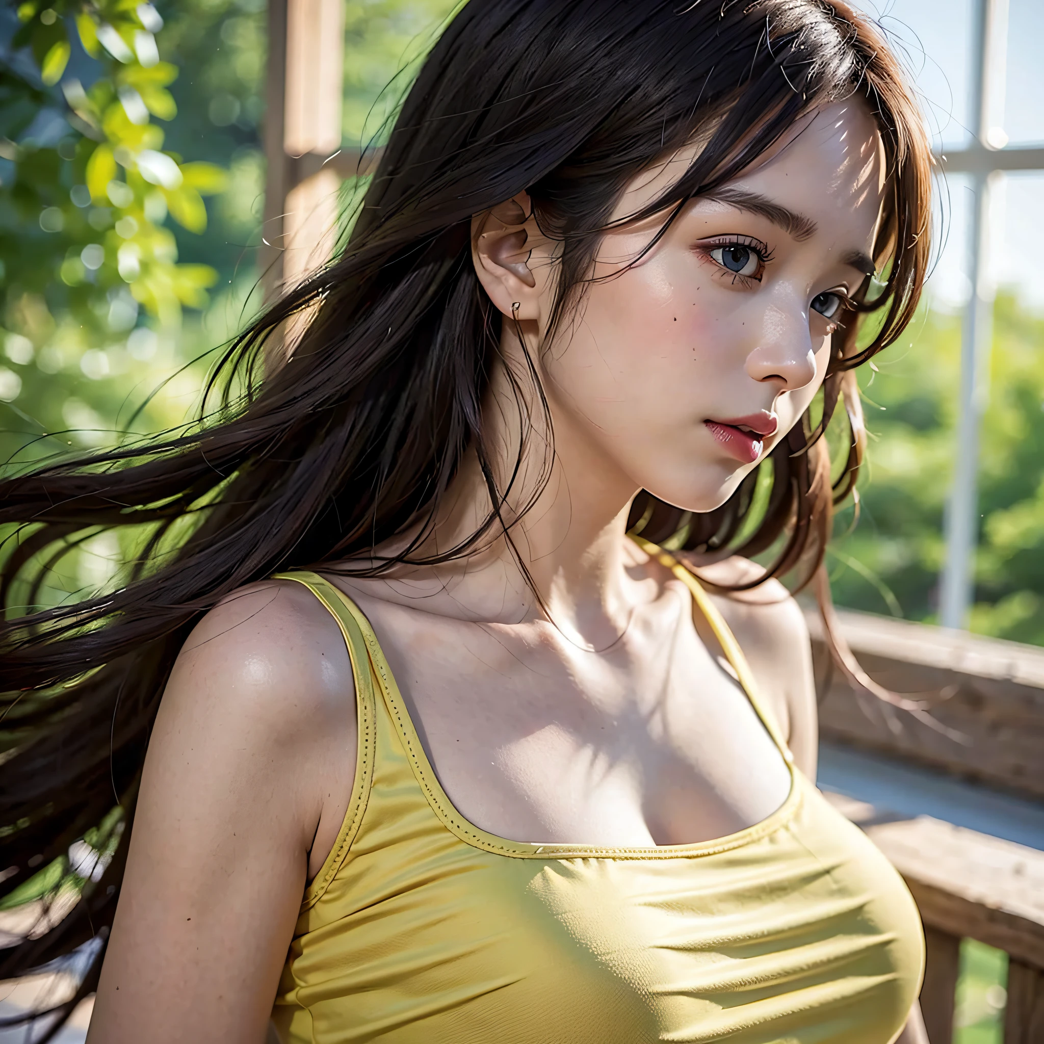 Middle chest, beautiful detailed eyes, (long hair:1.2), (8k, best quality, masterpiece:1.2), (realistic, photorealistic:1.37), ultra detailed, 1 girl, cute, solo, Japan high school student, profile, gaze is sky, look up, look up at the sky, long eyelashes, beautiful eyes, smooth hair, from the side, bokeh, upper body, beautiful sky, dynamic, yellow tank top satin satin satin mesh mesh mesh
