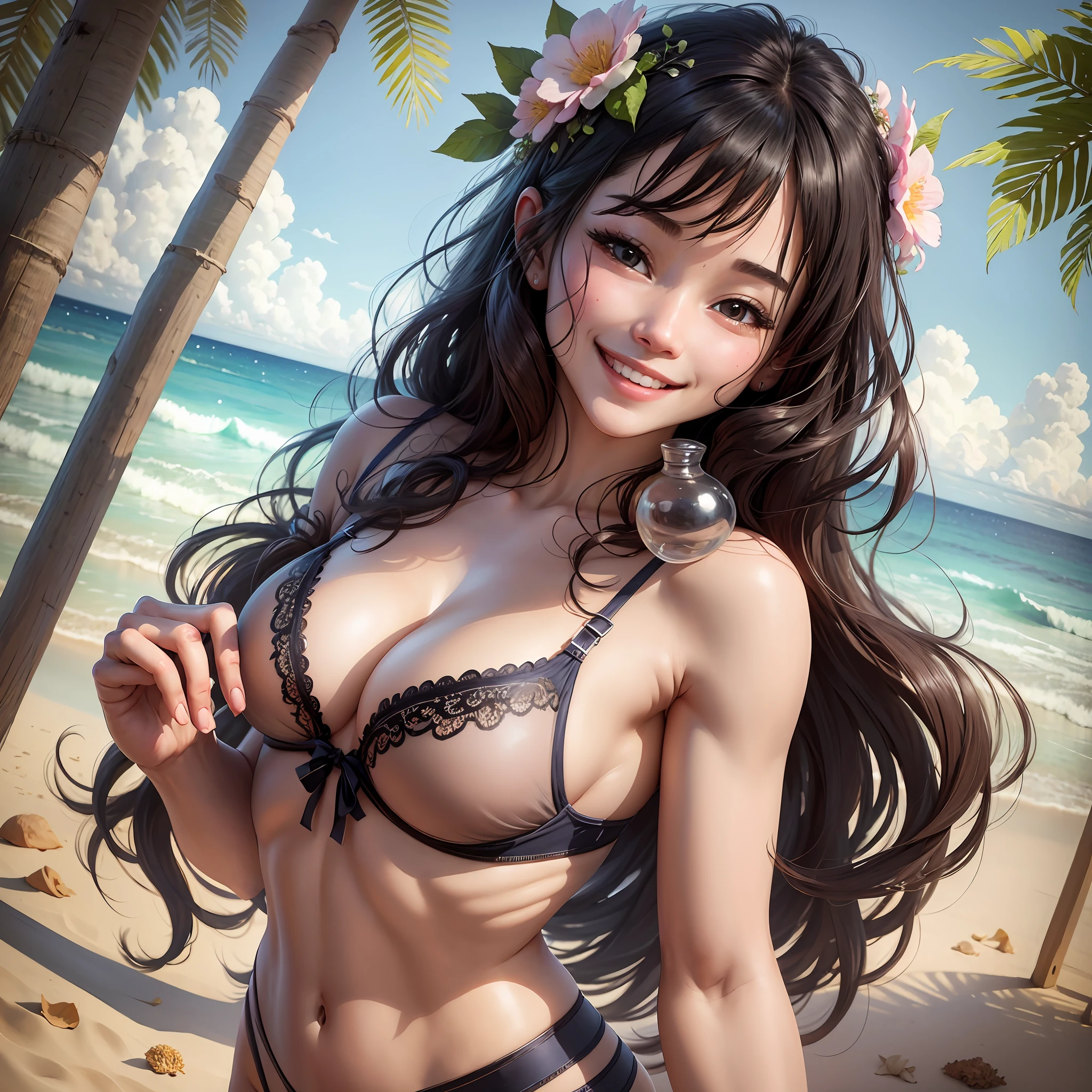 Realistic depiction Real Idol Underwear lingerie、、、 Underwear is translucent Beach background beautiody Smile Fleshy is feminine Girlish face Breast size is F cup Hiding the chest with hands hair color is black Bathing Only one woman Almost no makeup smiling smile cutest --auto --s2