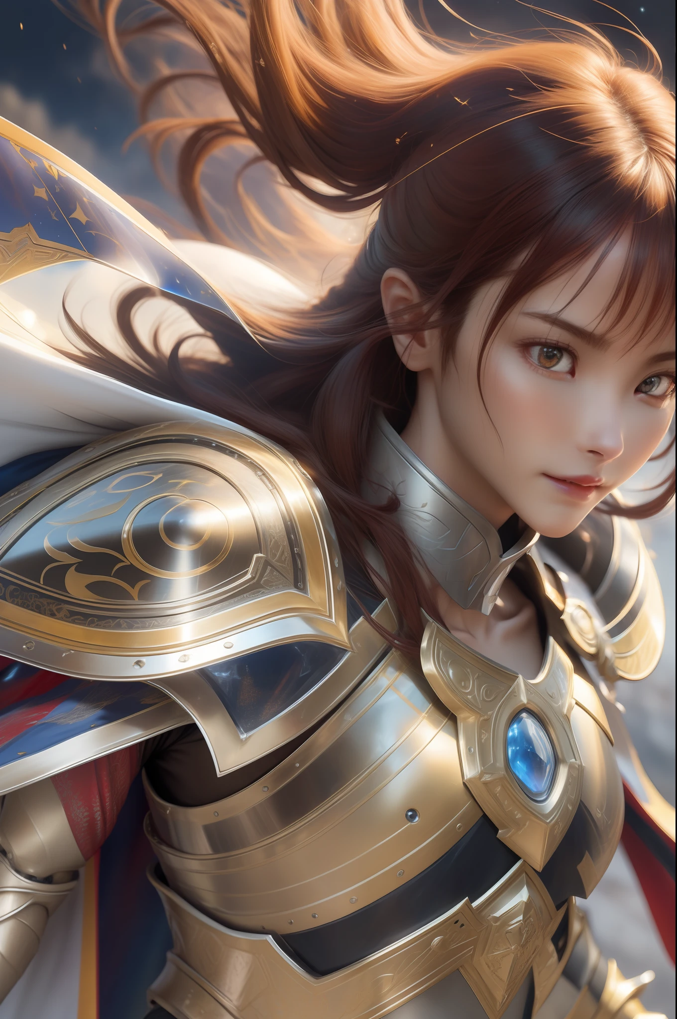 8k,ultra detailed, masterpiece, best quality, (extremely detailed), dynamic angle, Mysterious expression, wind effect, fantasy background, rim lighting, cinematic light, ultra high res, 8k uhd, film grain,best shadow, delicate, RAW, light particles, detailed skin texture, detailed armor texture, detailed face, intricate details, ultra detailed, bright, strong, armor, (holding weapon), slashing, slash action, pauldrons, glowing eyes, long cape, fantasy, (realistic), shoulder armor, complex, intricate, perfect lighting, looking at viewer, cinematic lighting, flying in sky,flying, holy light, vivid, bangs, windy