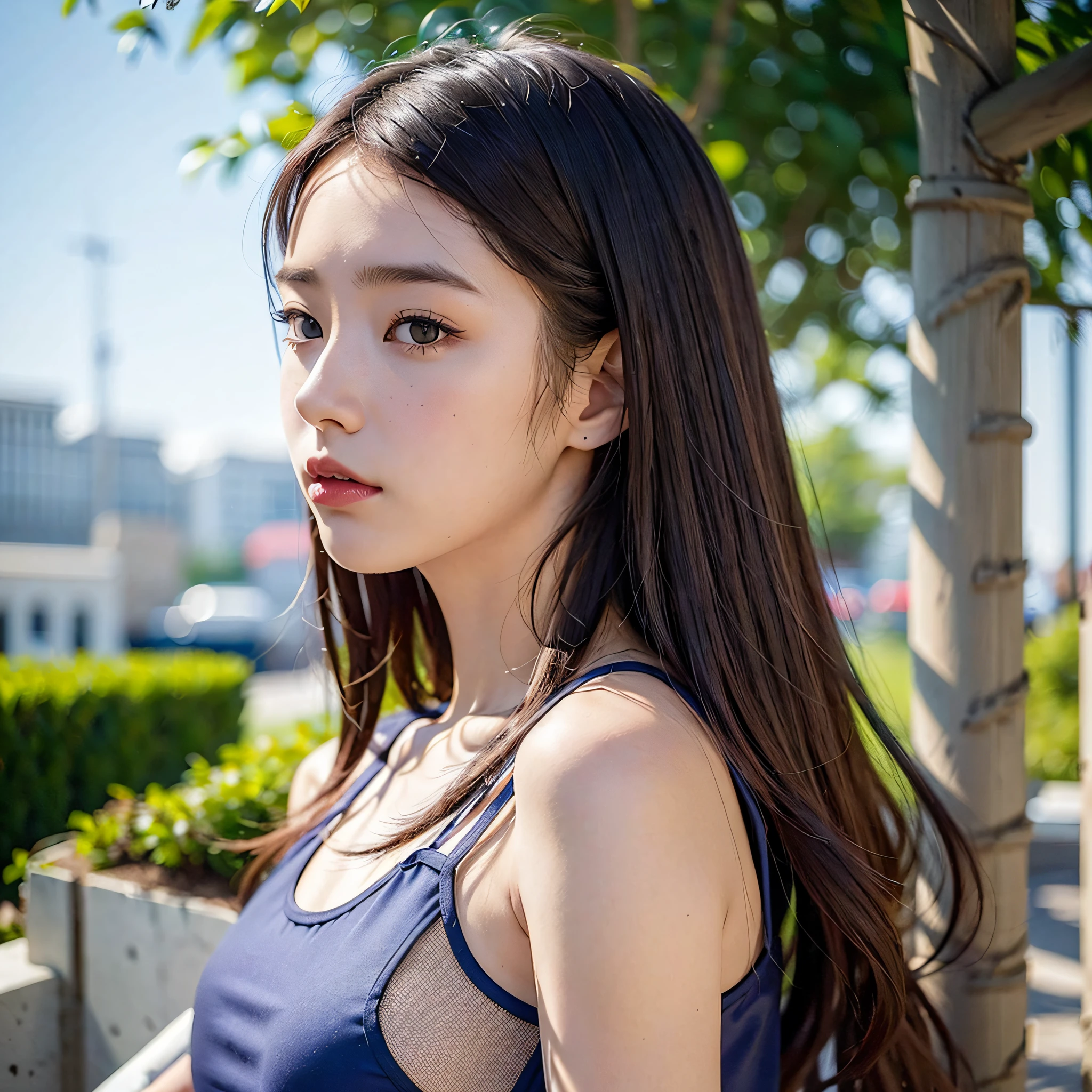 Middle chest, beautiful detailed eyes, (long hair:1.2), (8k, best quality, masterpiece:1.2), (realistic, photorealistic:1.37), ultra detailed, 1 girl, cute, solo, Japan high school student, profile, gaze is sky, look up, look up at the sky, long eyelashes, beautiful eyes, smooth hair, from the side, bokeh, upper body, beautiful sky, dynamic, yellow tank top satin satin satin mesh mesh mesh