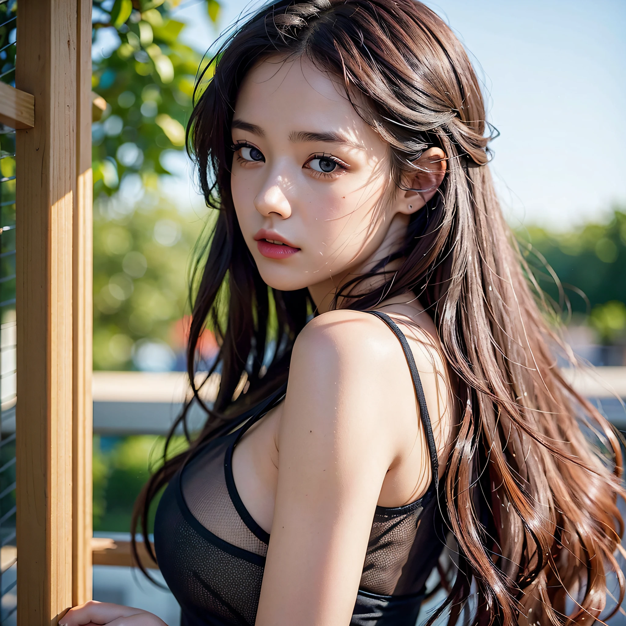 Middle chest, beautiful detailed eyes, (long hair:1.2), (8k, best quality, masterpiece:1.2), (realistic, photorealistic:1.37), ultra detailed, 1 girl, cute, solo, Japan high school student, profile, gaze is sky, look up, look up at the sky, long eyelashes, beautiful eyes, smooth hair, from the side, bokeh, upper body, beautiful sky, dynamic, yellow tank top satin satin satin mesh mesh mesh