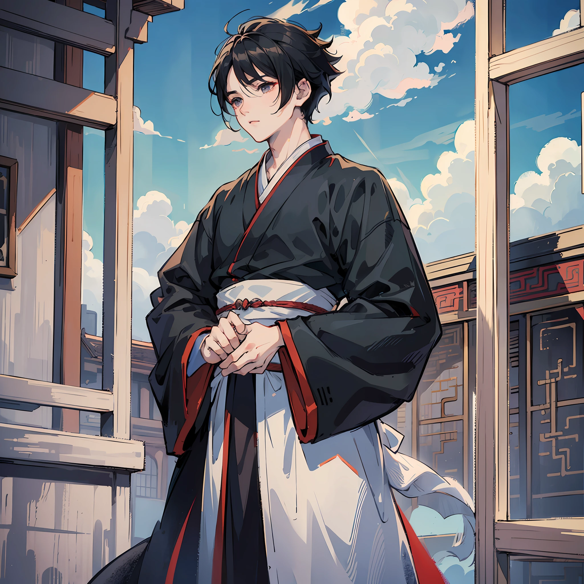 (Masterpiece), (Best Quality), (Ultra Detailed), Front View, Black Hair, Hanfu, Cloudy Sky, Short Hair, Boy --auto --s2