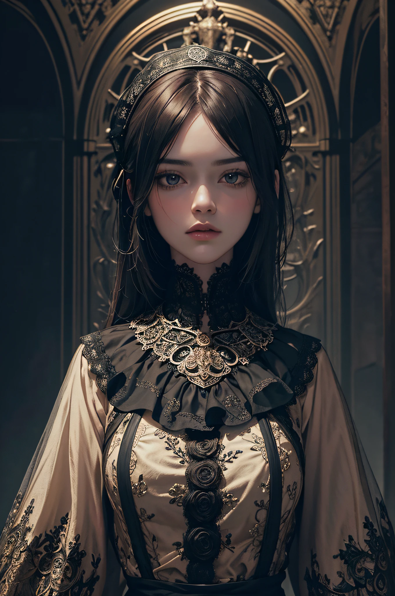 Official Art, Unity 8k wallpaper, super detailed, beautiful, beautiful, masterpiece, best quality,
darkness, atmosphere, mystery, romanticism, creepy, literature, art, fashion, victorian, decoration, intricacies, ironwork, lace, contemplation, emotional depth, supernatural,
1 girl, solo, neck, bust composition