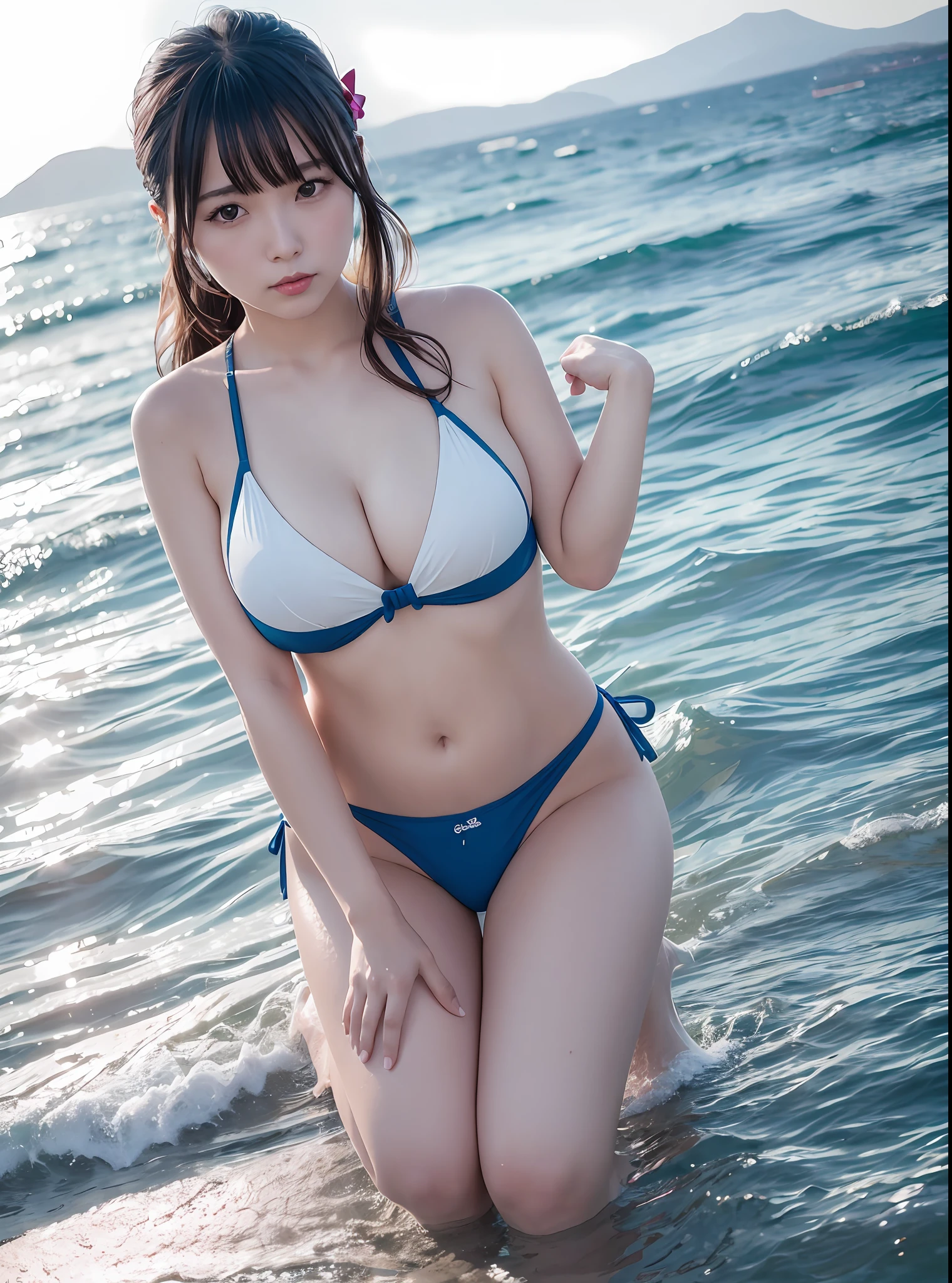 8k, (masterpiece), top quality, ultra-realistic 8k, perfect artwork, horizon, ocean, water, one girl, bangs, hair bow, bare_shoulders, sea, wading, realistic, waves, huge breasts, breasts,, splashes, outdoor, sexy, lingerie, skimpy clothes, long hair, navel, wet, kneeling, watching viewer, partially underwater shot, photo background, ribbon, solo, Solo Focus, ((Nostalgia, Japan Idol