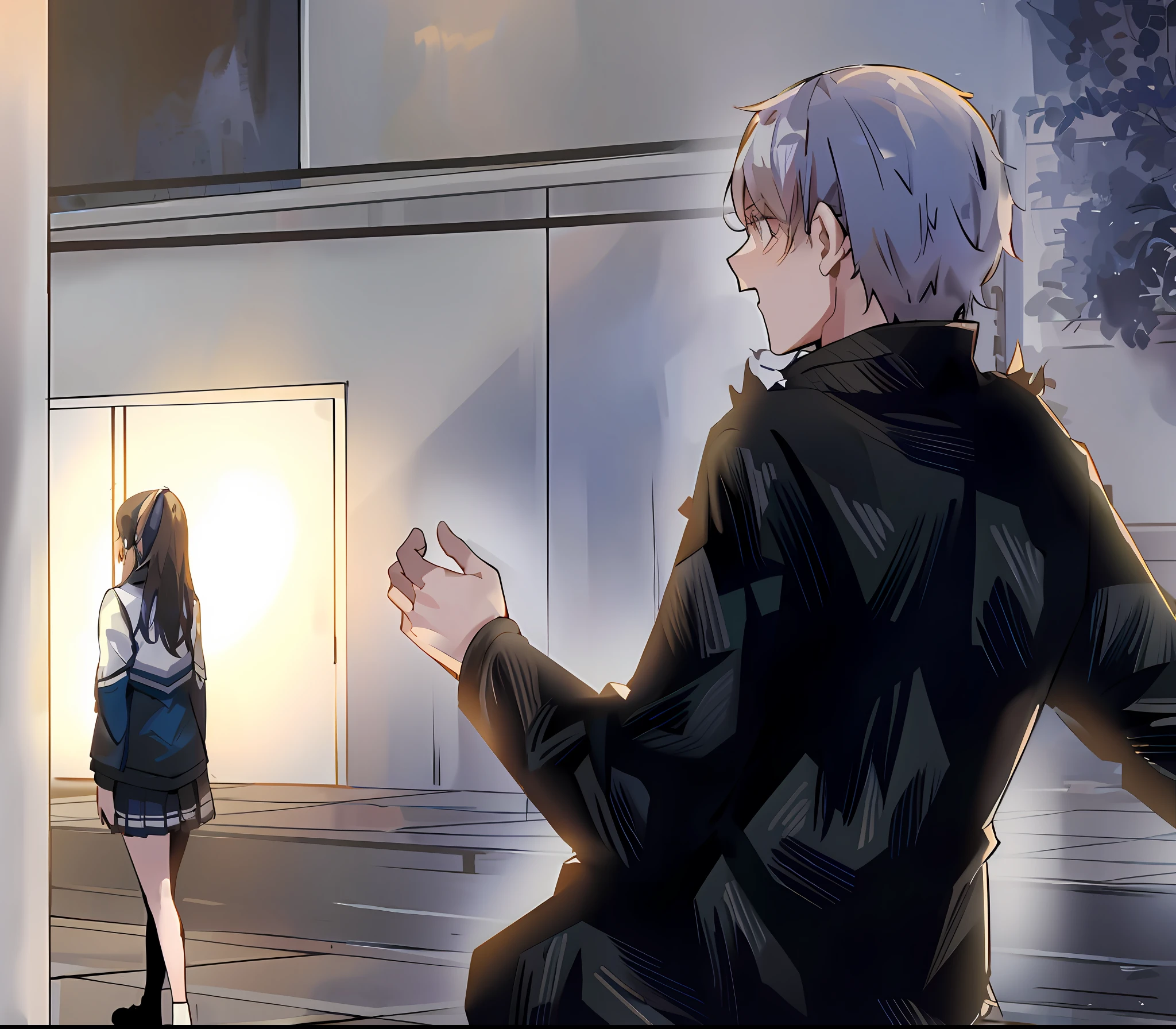 anime scene of a man and woman standing in front of a building, from girls frontline, visual novel cg, ; visual novel, official fanart, style of madhouse studio anime, realistic scene, highschool background, semi-realistic, visual novel, semi - realistic, in anime style, still from tv anime, in an anime style, painted in anime painter studio