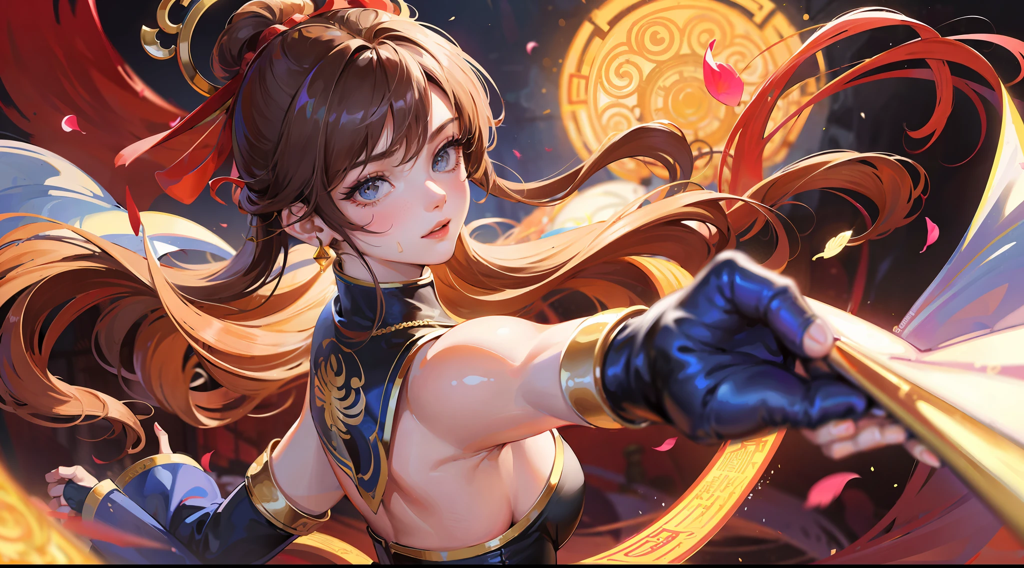 ((Best Quality, 8K, Masterpiece: 1.3)), Chun Li, Masterpiece, Ultra Detail, Ultra HD, 8K, ((Black Pantyhose)), White High Boots, Street Fighter Chun Li, 1girl, Solo, Best Quality, Realistic, Ultra Detailed, (Shiny Skin, Sweating: 1.4), Looking at the Audience, Brown Eyes, Slender, Dynamic Light and Shadow, High Resolution, Sharp Focus, Depth of Field, Fine Eyes, Sharp Pupils, Realistic Pupils, (Thigh Thickness: 1.3), Outdoor, Sky, Detailed Eyes, Backlight, Best Light and Shadow, Intricate Details, Ultra Detailed Details, Capcom Chunli, Upper Body Close-up, Small Thin Waist, Slim Abdomen, Character Standing, Sideways, Looking Back, Big Eyes, Long Eyelashes, Delicate Nose, Instagram Style Girl, Kung Fu Pose, (Upper Body: 1.5), Above the Waist Frame, Perfect Digital Illustration, Computer Background, Wind, Petals, Long Flowing Hair, Artistic Conception, Messy Red Petal Background, Ancient Chinese Architecture, Temple, Temple, Mountain Road Behind You