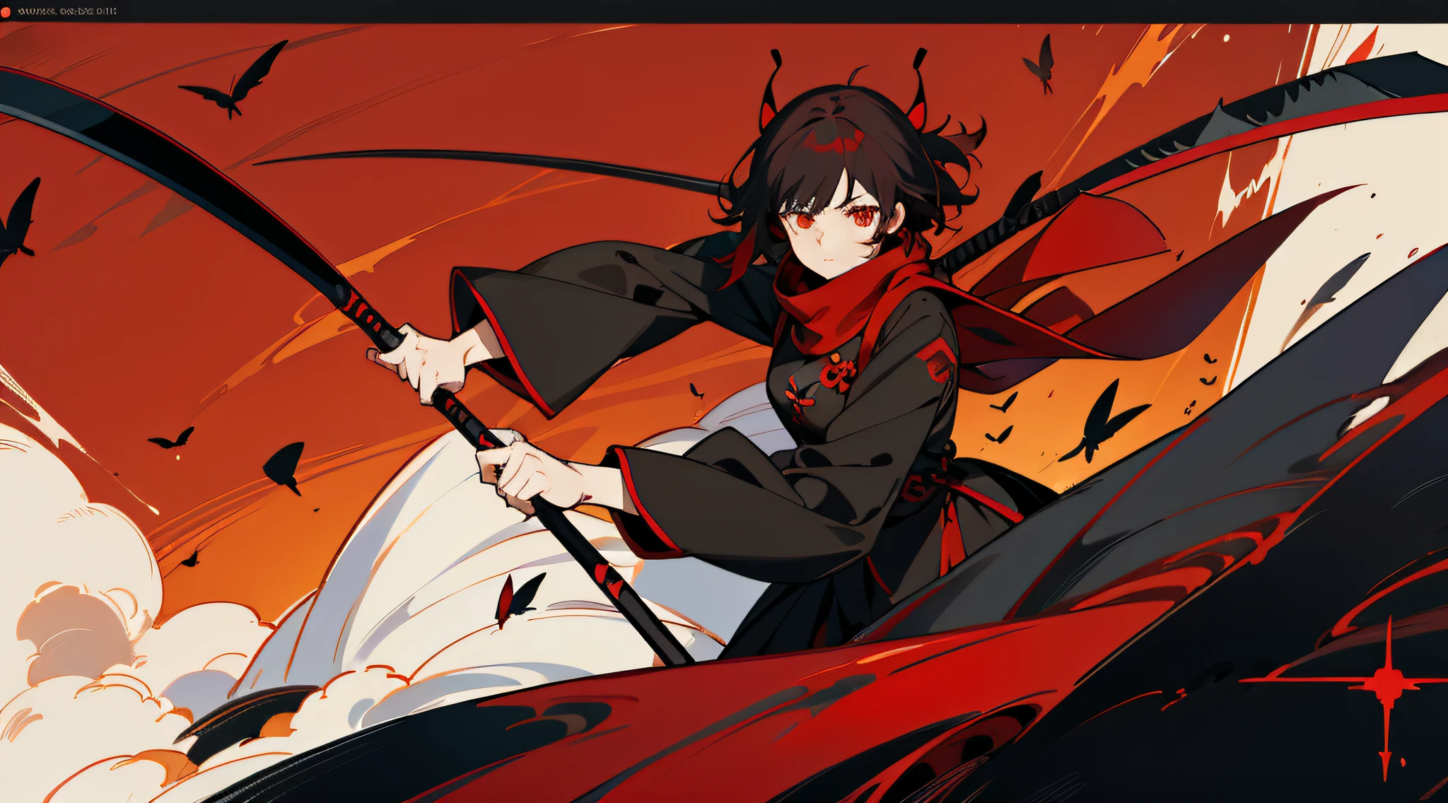 Anime girl Red pupils Red scarf on arm Overall sharpness Holding a huge scythe Short black hair Red hair ends red Big eyes Spirited Very confident temperament Butterfly Swinging a scythe to attack Giantess | Concept Black Butterfly Cheongsam background is empty