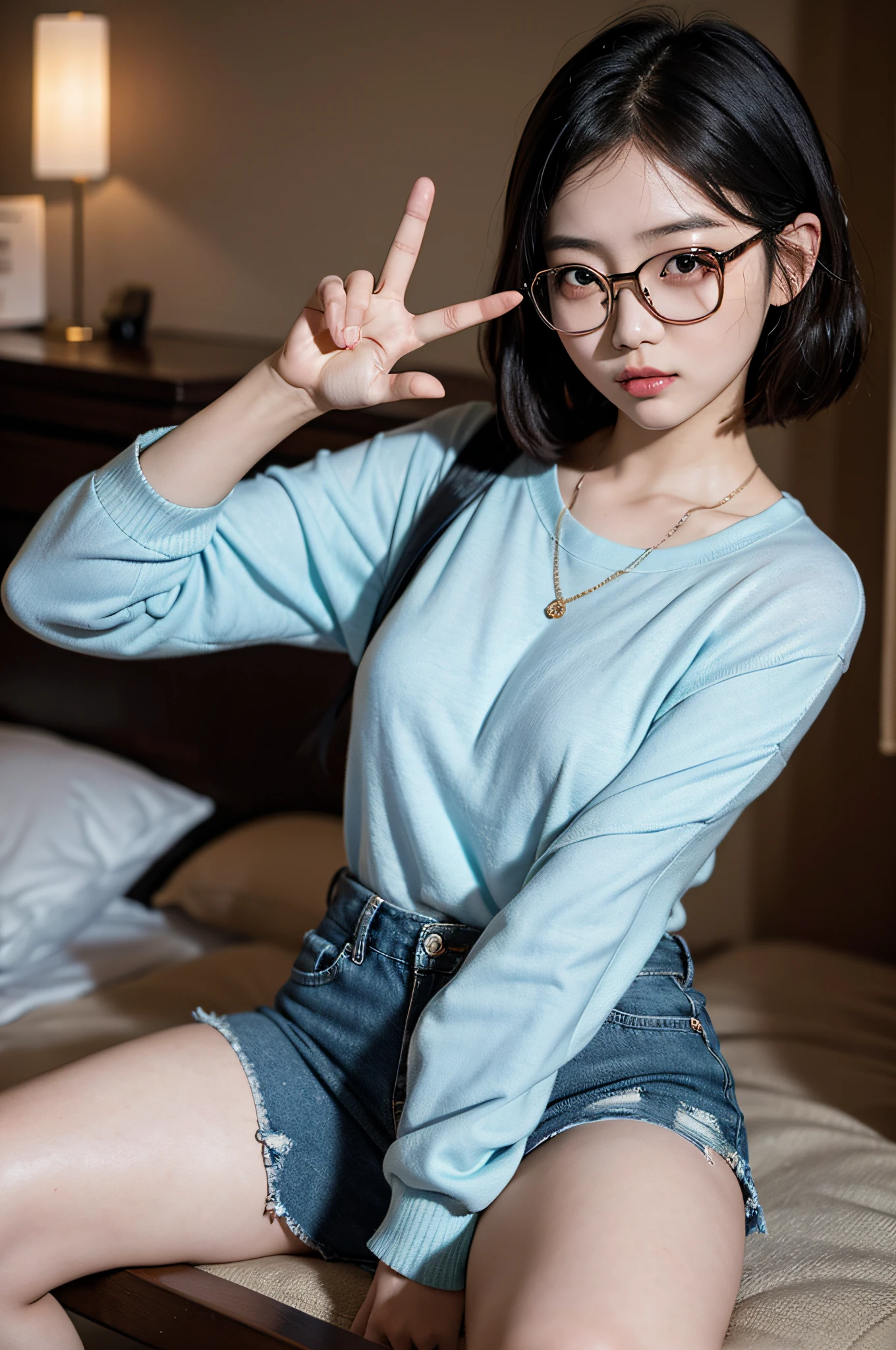 sexy asian 20year girl with cute and round face, short, (extremely realistic), 8k, usual clothes , wearing glasses, with hand showing peace sign, masterpiece, ( highly detailed), (flawless) , masterpiece,