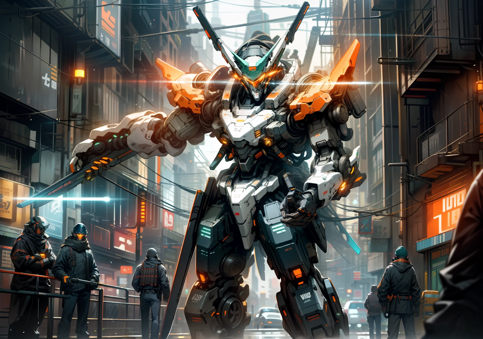 On busy streets, armed with weapons, no humans, glow, robots, buildings, glowing eyes, orange mechs, science fiction, cities, reality, mechs, neon, cyberpunk