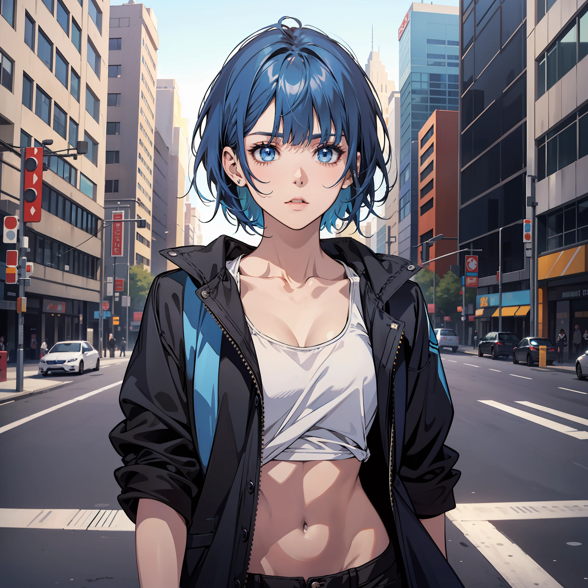 Blue eyes, blue hair, hair flush with chin, short and medium hair, medium chest, black shorts, thin, wearing blue lining, wearing a black short jacket, female, M-shaped bangs, smooth body structure, girl standing in the middle of the city, the corners of her mouth are raised