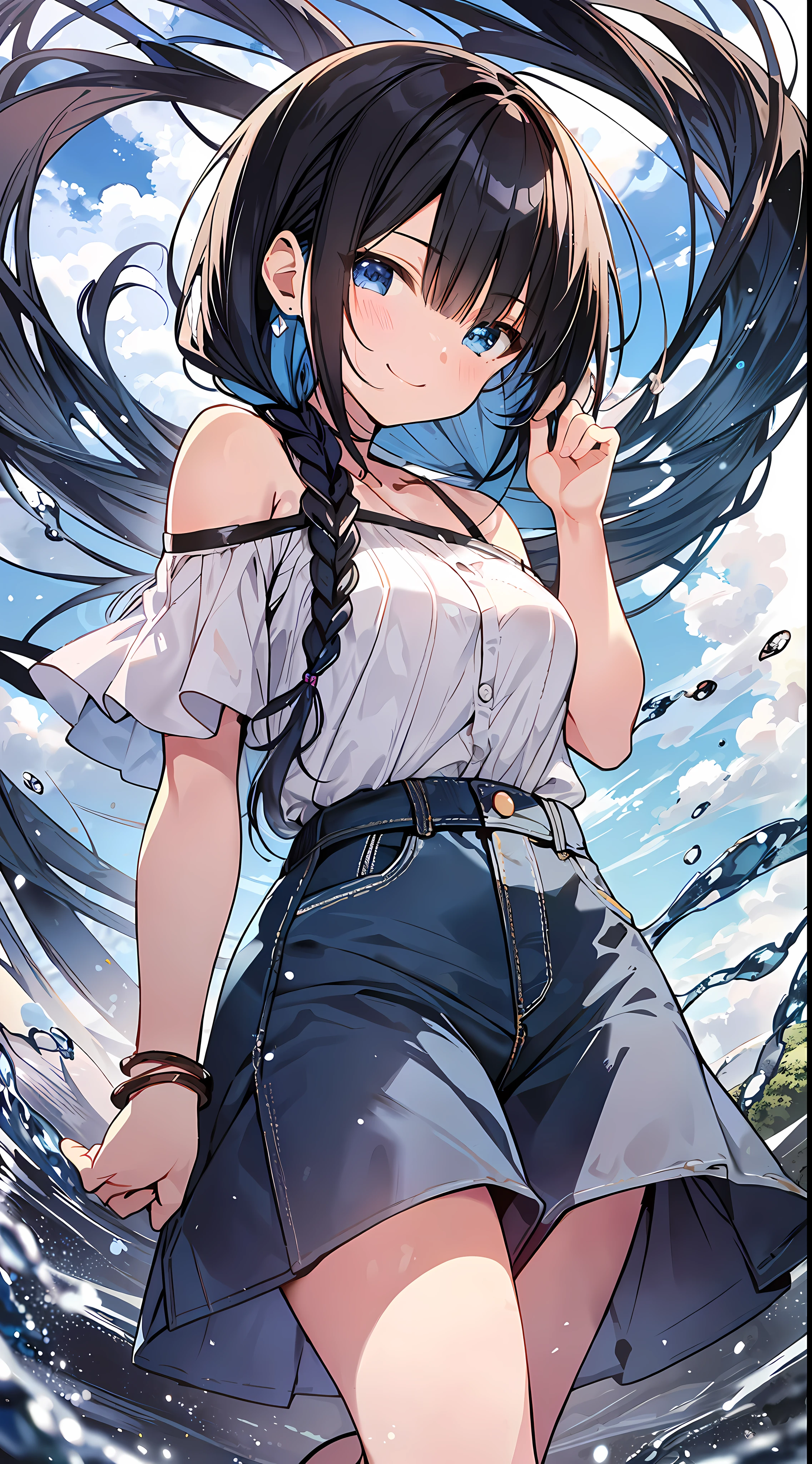Top Quality, Masterpiece, Ultra High Definition, 8K, Summer Sky, Early Summer, (Oversized Cut and Sew, Denim Skirt, Loafers), Shojo Manga Style Loli, One, Soft Line Art, Digital Enhancement, Shojo Manga Touch, Shojo Manga Core, Flowing Fabric, Close Up, (Hair length to shoulders and short braids)), wet hair, staring at us from the front, soft drawing, Beautiful black hair, clear eyes, ((teasing smile)), ultra-detailed digital anime art, clear face depiction, ultra-detailed shojo manga character art, ultra-detailed manga style, top quality colors, hand gestures, landscape with nature, looking up at the sky, angle that can see up to your feet