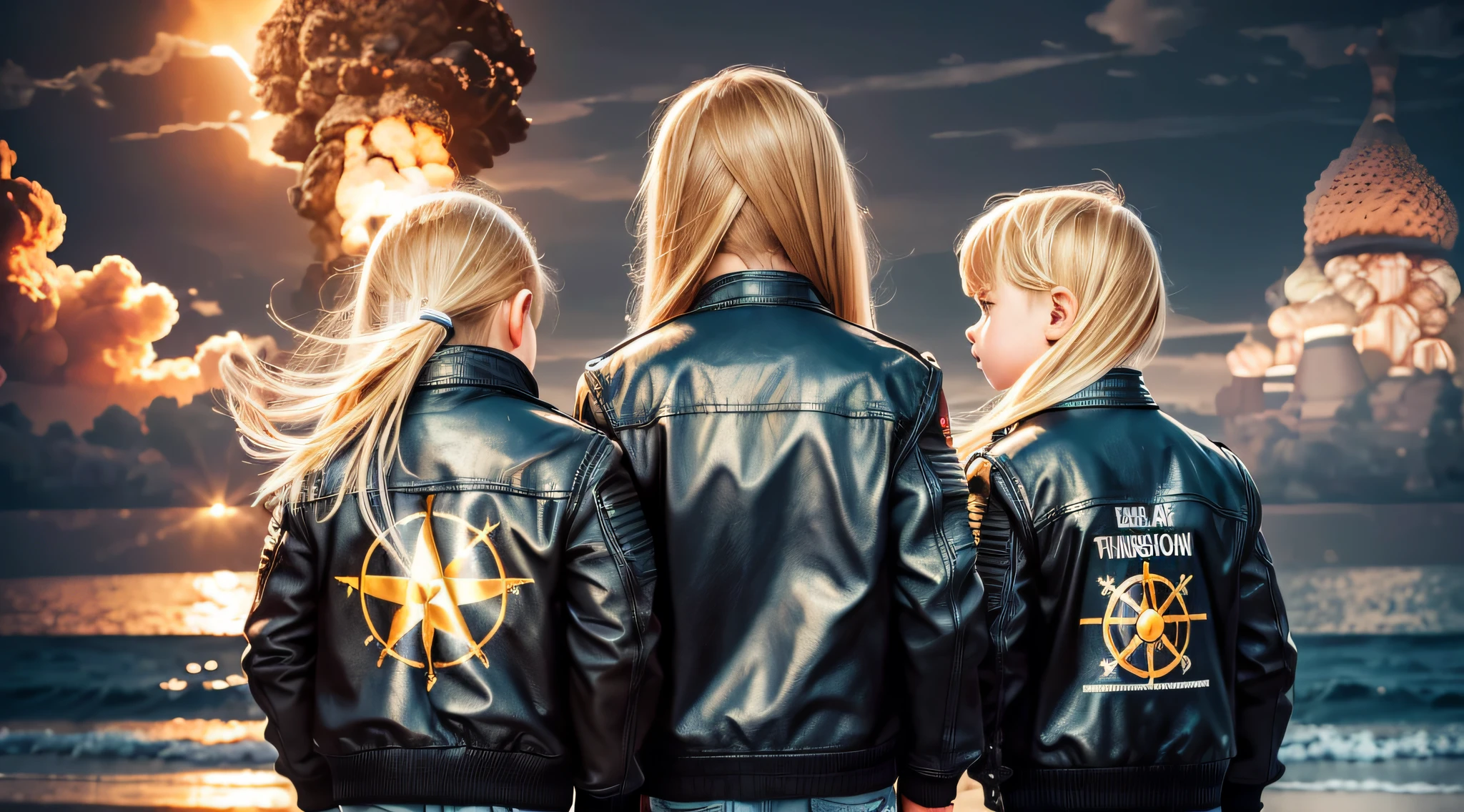 3 BOYS Russian children with 20 years WITH LONG STRAIGHT BLONDE HAIR, LEATHER JACKET AND BLACK CLOTHING, PORTRAIT STYLE, , CLOSEUP a nuclear explosion is seen over a beach at sunset, nuclear bomb explosion, nuclear apocalypse, nuclear explosion, nuclear attack, nuclear explosion!!!, nuclear bomb explosion, nuclear mushroom cloud, nuclear cloud, nuke ending the world, nuclear bomb, huge nuclear mushroom cloud, impending nuclear explosion, nuclear war, nuclear weapons fall, atomic explosion, nuke, look at the nuclear explosion