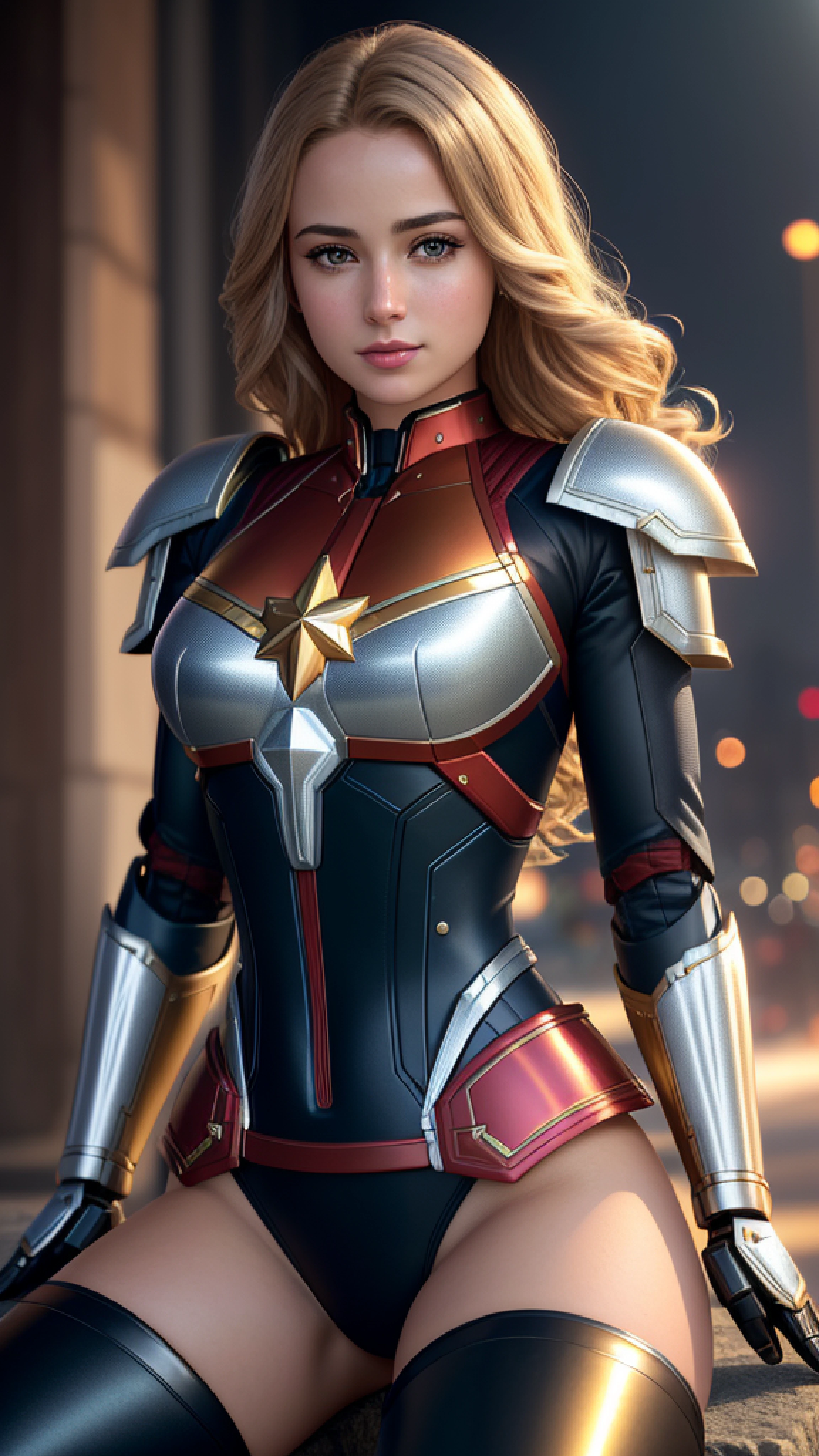 (best quality:1.23), (masterpiece:1.22), (film grain, skin details, 4k:1), (photorealistic:1.3), (detailed:1.15), (intricate pauldron:1.3), metallic belt and pauldron, (mecha  bodysuit:1.4),beautiful hottie the  captain marvel, Sitting on edge pose, abs, cyberpunk night street, whole body view, Steel gray hair ultra micro lacy underwear, cameltoe,  Fit body,beautiful hair Side braid, realistic photo, innocent expression, girly, beautiful chest, beautiful thighs, beautiful hip, light particles, pixiv, high quality, 8K, highly detailed, fine detail